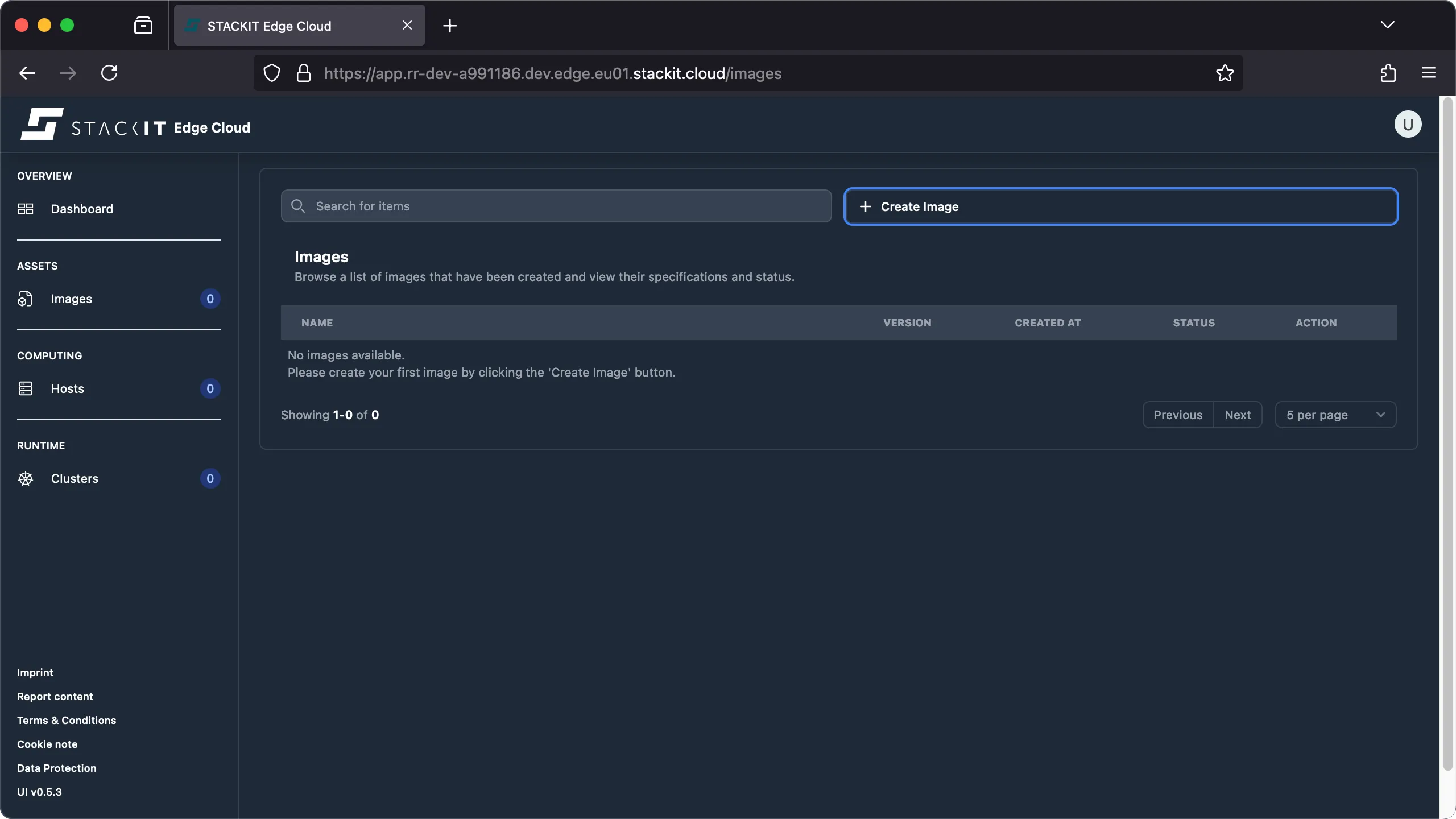 STACKIT Edge Cloud web interface displaying the empty Images list. The main content area reads: "No images available. Please create your first image by clicking the 'Create Image' button." A large + Create Image button is visible above this text.