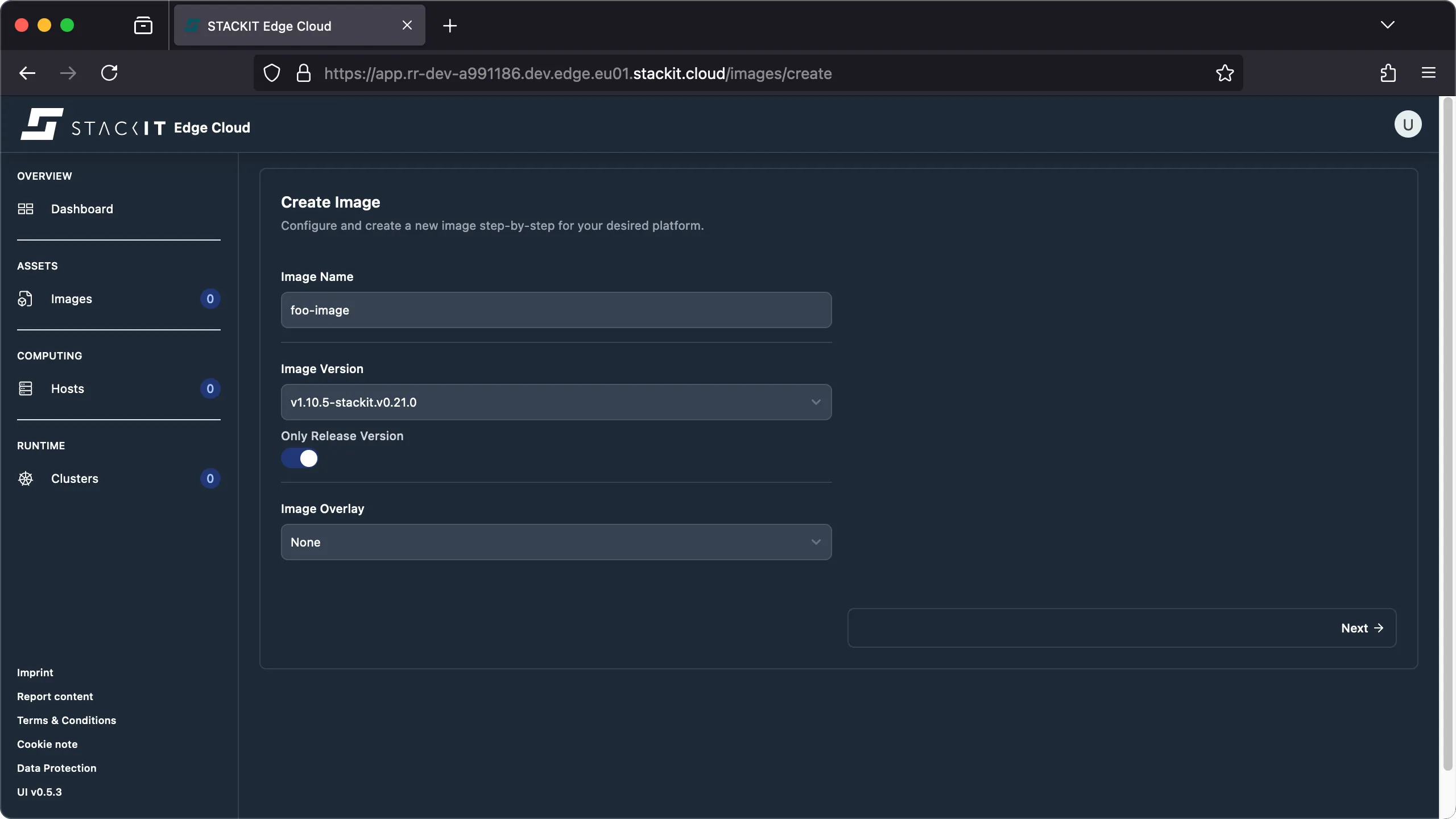 STACKIT Edge Cloud web interface, showing the Create Image form. The form has fields for Image Name (pre-filled with foo-image), Image Version (selected as v1.10.5-stackit.v0.21.0), an Only Release Version checkbox, and Image Overlay (selected as None). A Next button is visible at the bottom right. The left navigation panel is dark gray, indicating the Images section is currently active under ASSETS.