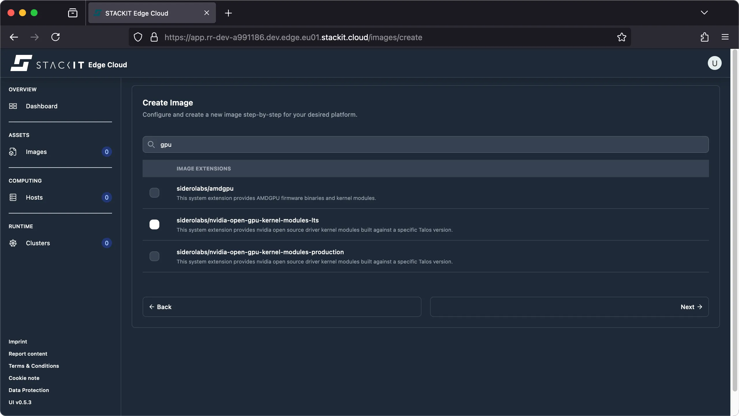 STACKIT Edge Cloud web interface, showing the Create Image form on the step for configuring Image Extensions. A search bar is pre-filled with gpu. The list below shows three image extension options: siderolabs/amdgpu, siderolabs/nvidia-open-gpu-kernel-modules-lts, and siderolabs/nvidia-open-gpu-kernel-modules-production, each with a description and a radio button for selection.