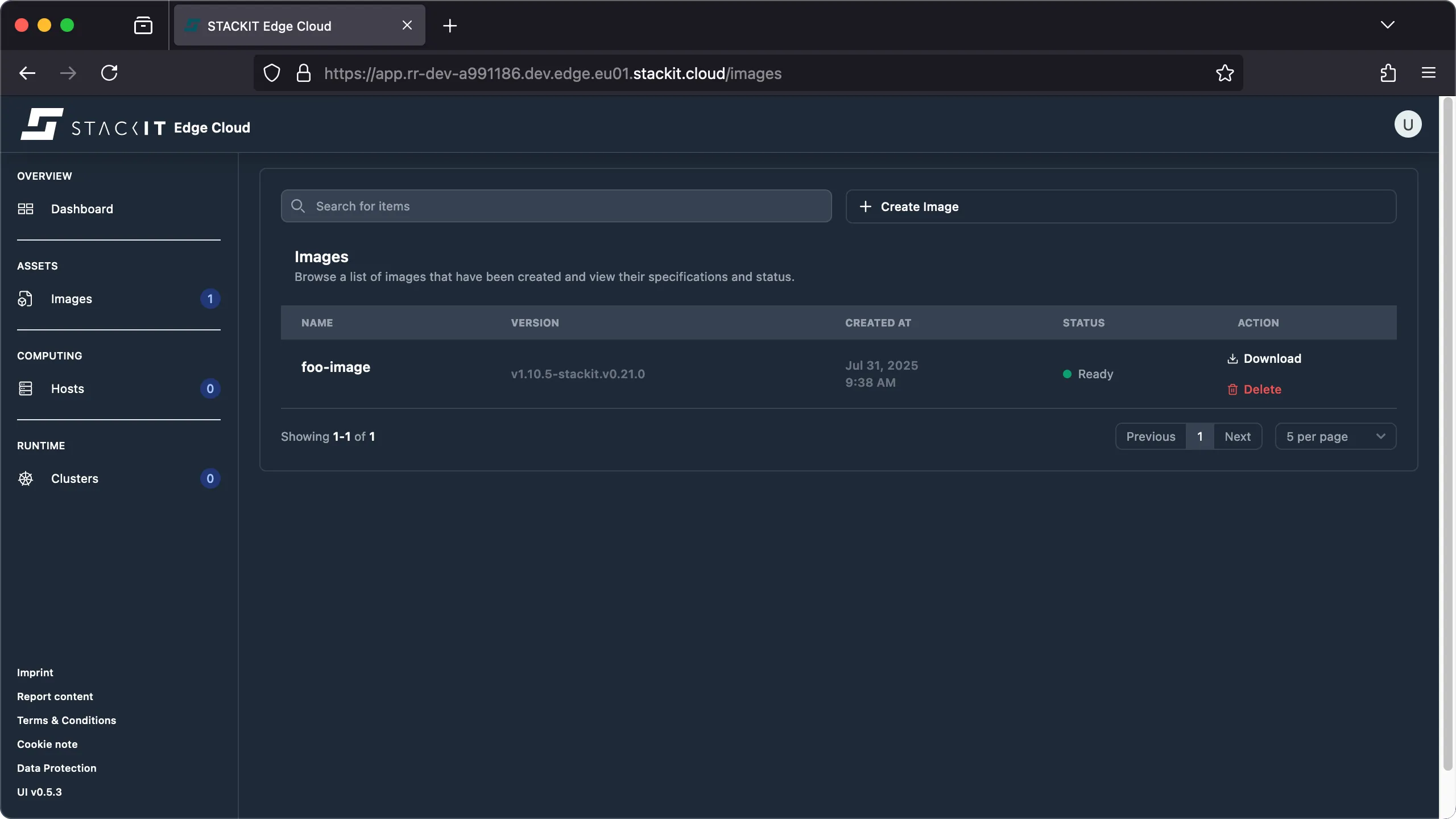 STACKIT Edge Cloud web interface, showing the Images list with one entry for foo-image. The image has a STATUS of Ready (indicated by a green circle and text) and was CREATED AT Jul 31, 2025 9:38 AM. Under the ACTION column, Download and Delete links are visible.