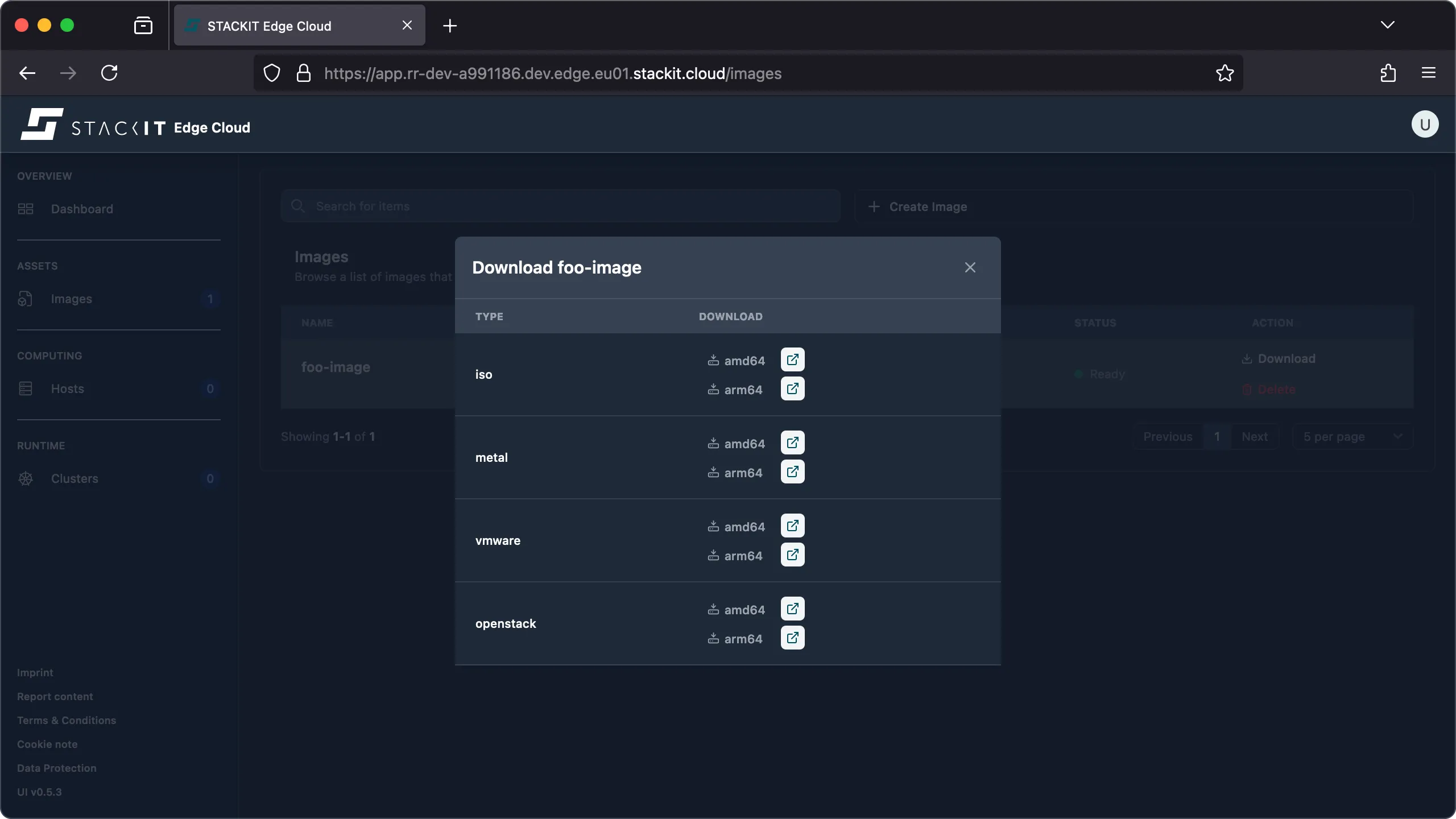 STACKIT Edge Cloud web interface, showing the Images list. A modal window titled Download foo-image is open, presenting various image formats (iso, metal, vmware, openstack) and architectures (amd64, arm64) for download. Each format/architecture combination has a corresponding download icon.