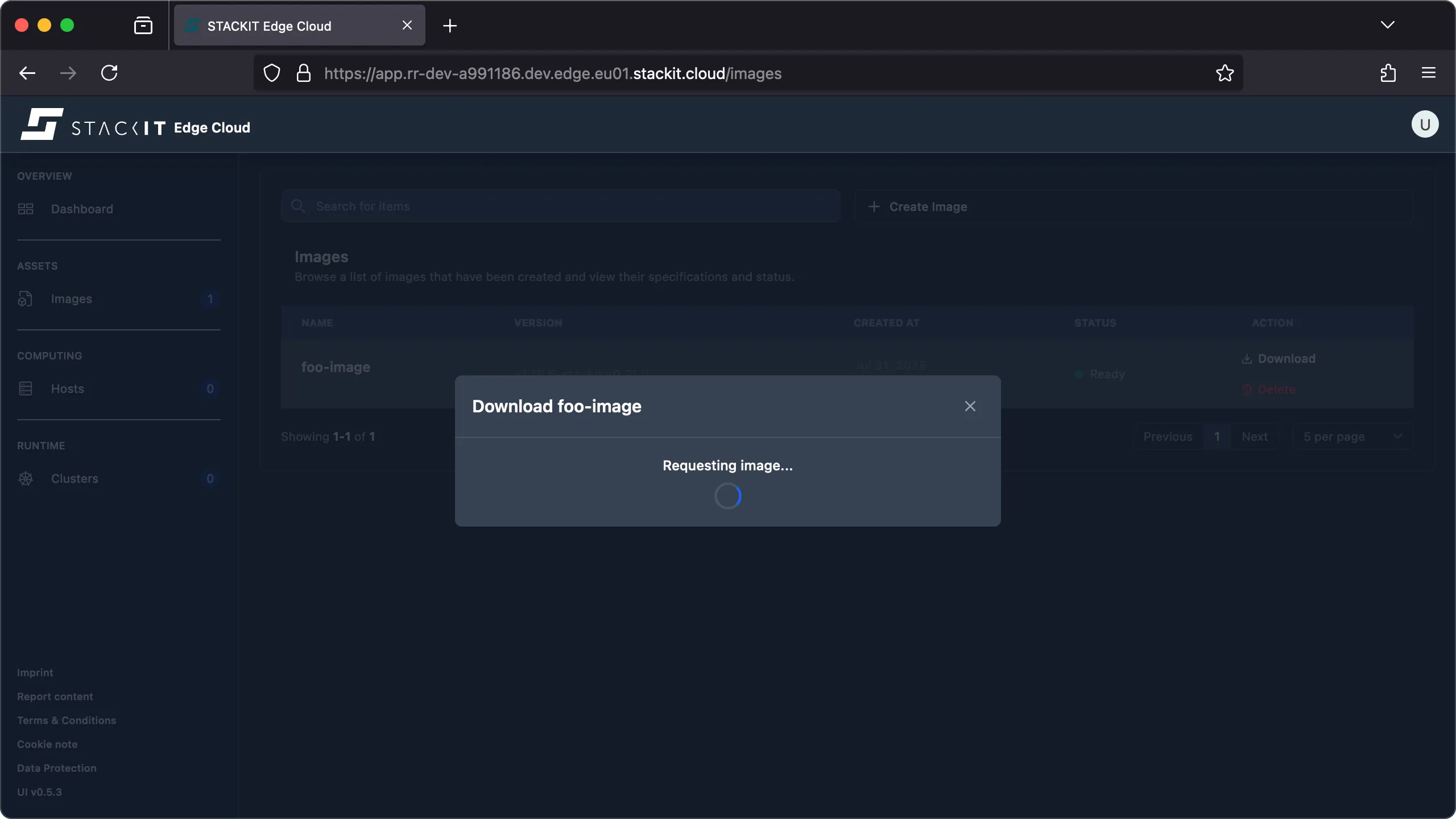 STACKIT Edge Cloud web interface, showing the Images list with a single image named foo-image. A modal window titled Download foo-image is overlaid, displaying a progress indicator that says Requesting image... with a spinning loading graphic.