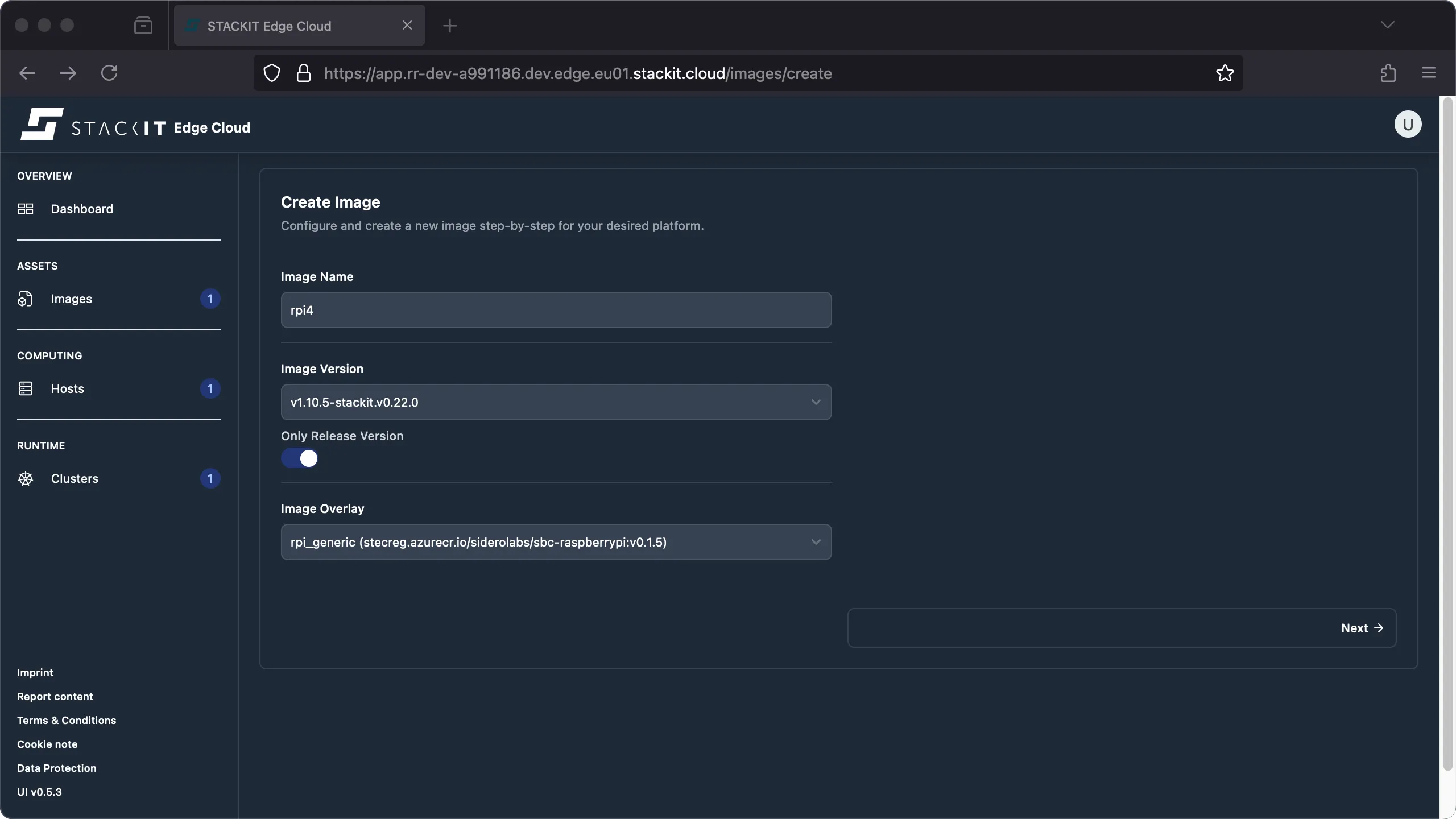 A screenshot from the STACKIT Edge Cloud web interface, showing the first step in the "Create Image" wizard. The wizard title is "Configure and create a new image step-by-step for your desired platform." On the left, the dark navigation menu is visible with "Images" selected under the "ASSETS" section. The main form fields are: 1. Image Name, pre-filled with rpi4. 2. Image Version, set to v1.10.5-stackit.v0.22.0 via a dropdown menu. 3. A checkbox for "Only Release Version" is visible. 4. Image Overlay, set to rpi_generic (stcreg.azurecr.io/stackit/sbc-raspberrypi.1.5) via a dropdown menu. A "Next →" button is on the bottom right to proceed to the next step.