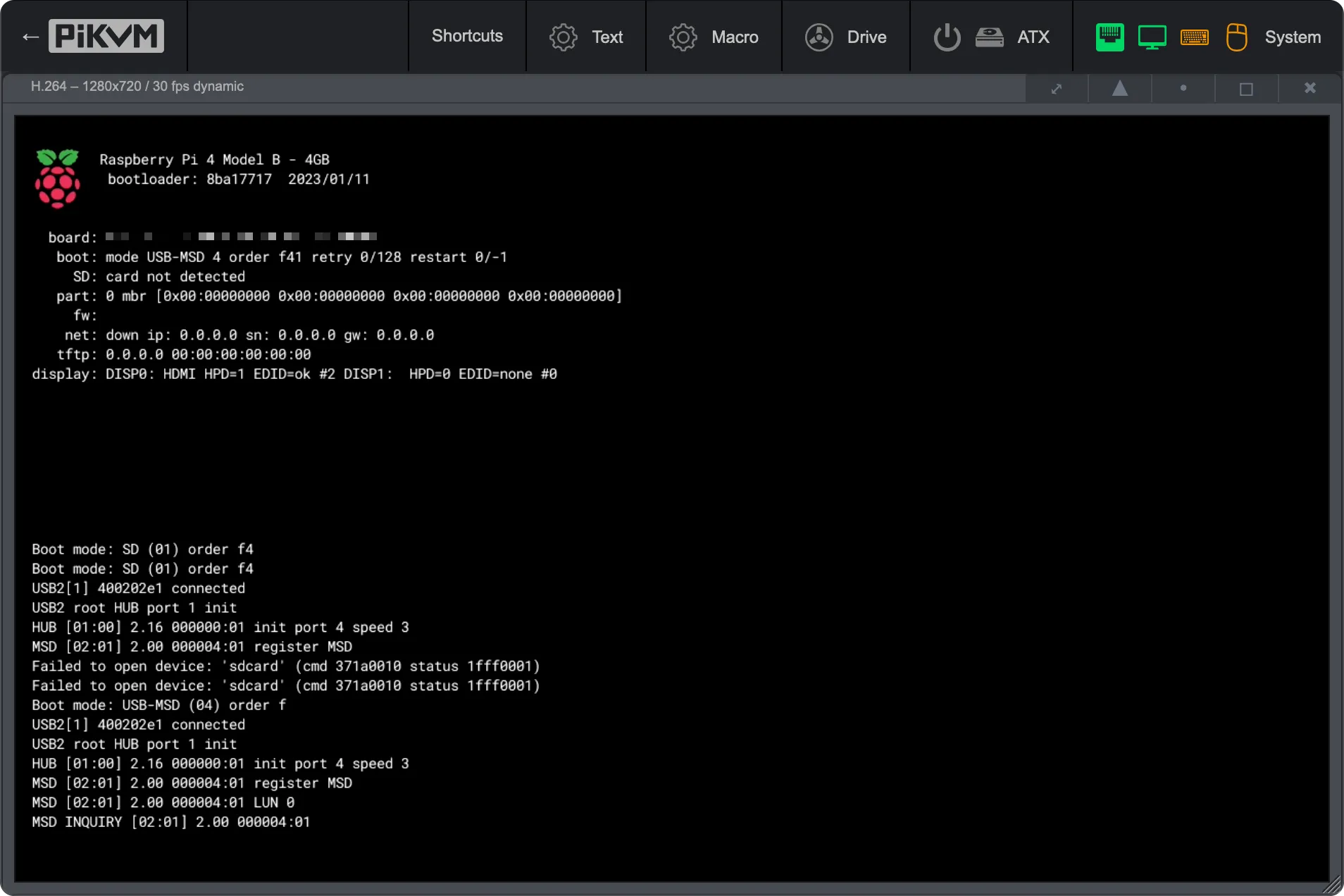 PiKVM Console Showing Raspberry Pi 4 Boot Failure. A black terminal screen from a PiKVM console. The top identifies the device as Raspberry Pi 4 Model B - 4GB. The log shows a failure to boot from the SD card: Boot mode: SD-MSD order f41 retry 0/128 restart 0/-1 and the critical error: SD: card not detected. Subsequent attempts to boot using USB-MSD also show: Failed to open device: 'sdcard' (cmd 3710010 status 1fff0001). This indicates a hardware/boot media issue on a Raspberry Pi 4.