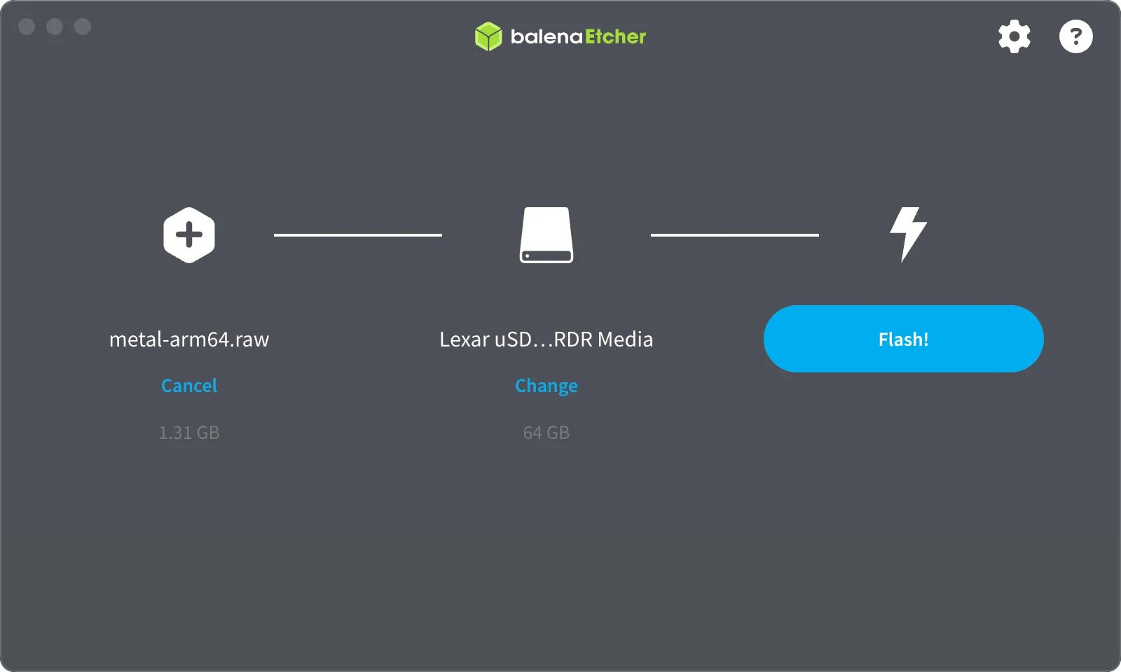 The balenaEtcher application interface for flashing an operating system image to a drive. It shows three steps in a linear flow: an image file named metal-arm64.raw is selected, a target device named Lexar uSD...RDR Media (64 GB) is selected, and a prominent blue Flash! button is ready to be clicked to start the process. The image file size is indicated as 1.31 GB.