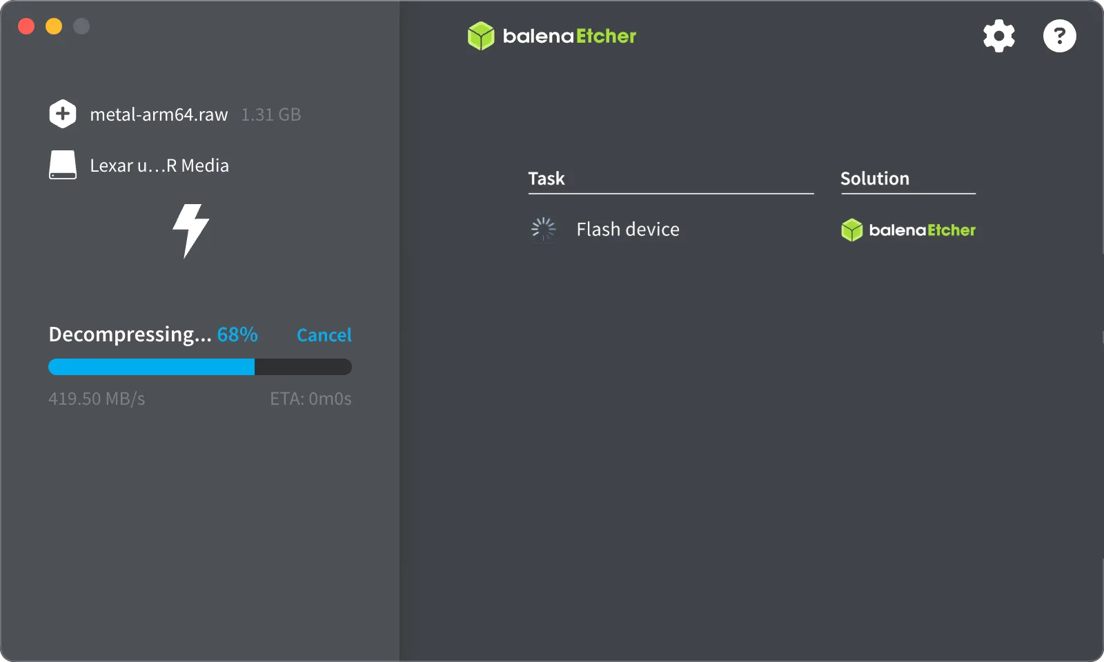 Screenshot of the balenaEtcher application during the image flashing process. The left panel shows the progress of the operation. It lists the source image file as metal-arm64.raw (1.31 GB) and the target as Lexar u...R Media. A progress bar indicates Decompressing... 68%, with a current speed of 419.50 MB/s and an Estimated Time of Arrival (ETA) of 0m0s. The right panel is divided into 'Task' and 'Solution', showing the current task as Flash device with a spinning indicator, and the solution being balenaEtcher.