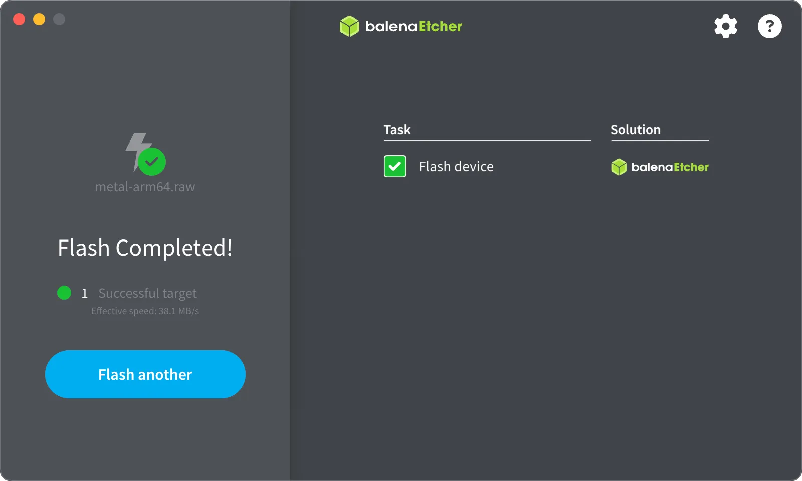 Screenshot of the balenaEtcher application confirming a successful flash operation. The left panel displays a large "Flash Completed!" message. Below this, it indicates 1 Successful target with an effective speed of 38.1 MB/s. A green checkmark appears next to the image file name metal-arm64.raw. A large blue button labeled Flash another is visible at the bottom. The right panel shows the 'Task' as Flash device with a green checkmark next to it, indicating completion, and the solution is balenaEtcher.