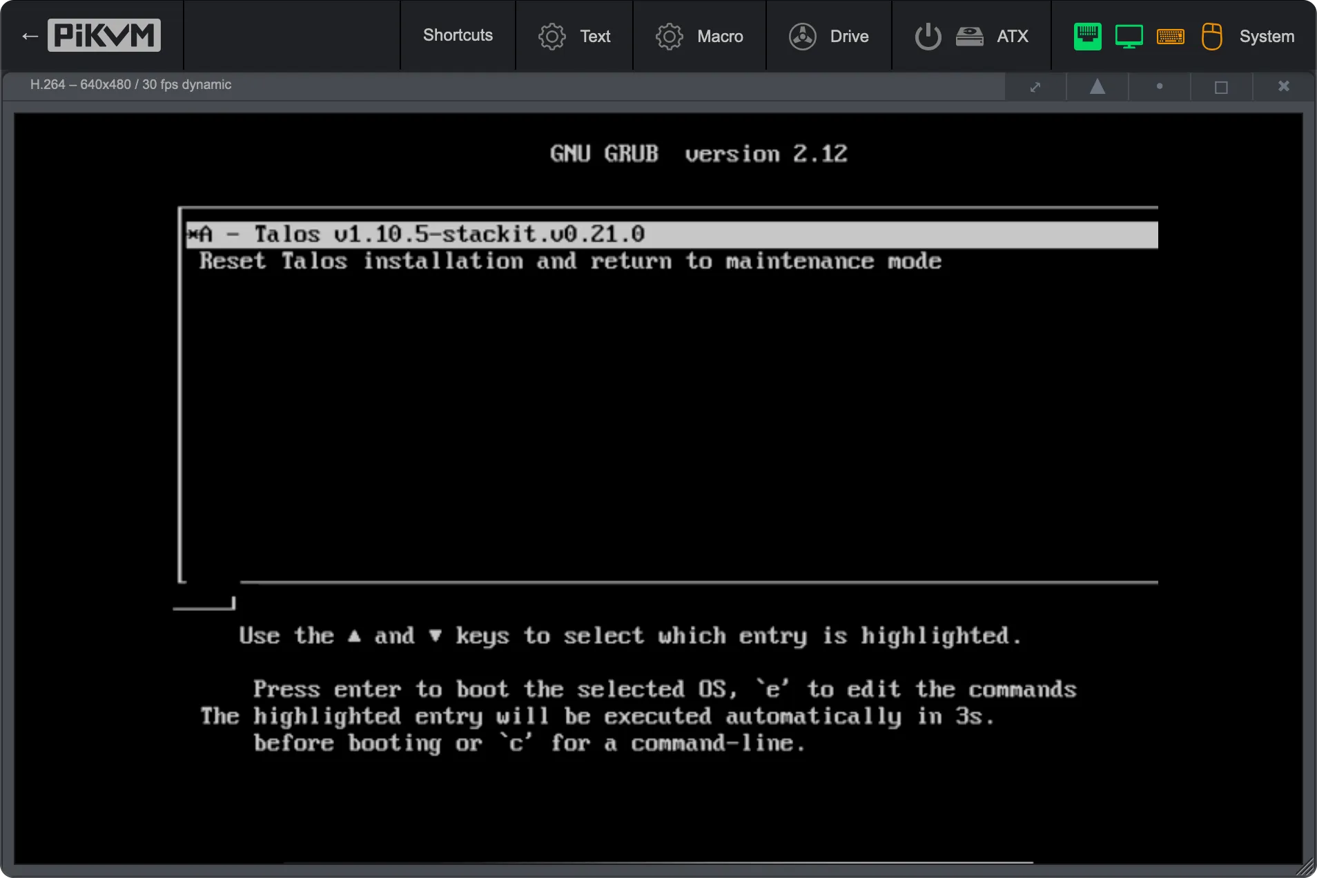 Talos Boot Menu - GRUB Interface. A black terminal screen showing the GNU GRUB version 2.12 bootloader interface. The currently selected and highlighted option is Talos v1.10.5-stackit.v0.21.0. The second visible option is Reset Talos installation and return to maintenance mode. Instructions at the bottom advise the user to use arrow keys to select, Enter to boot, and 'e' or 'c' to edit commands before the automatic 3-second timeout.