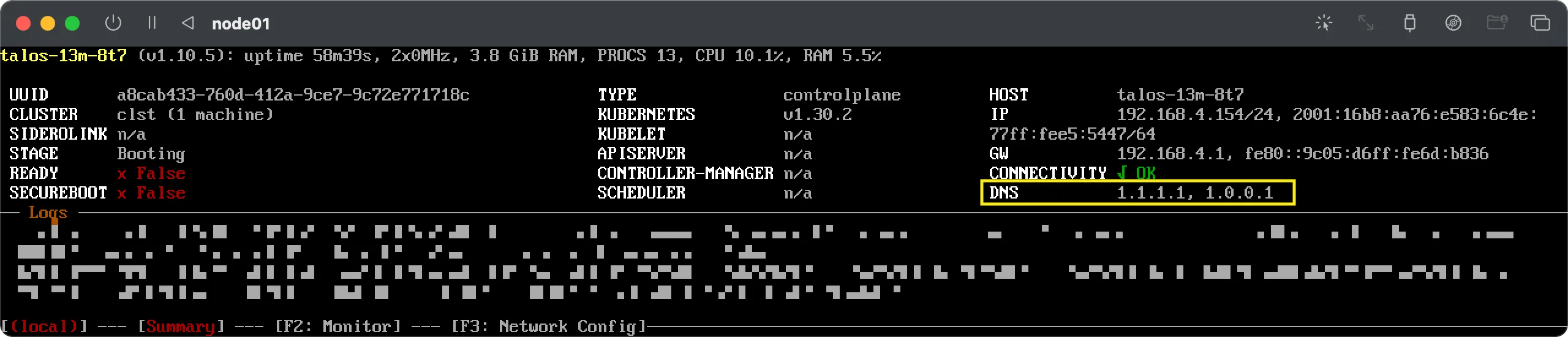 A screenshot of a black terminal window displaying the status of a node named talos-13m-8t. The status is running Talos v1.0.5. The UUID matches the first machine in the previous images. Its TYPE is controlplane and the CLUSTER is clst (1 machine). Key information includes Uptime 58m39s and Kubernetes v1.30.2. The STAGE is Booting and Ready is False. The networking section shows CONNECTIVITY as OK and the DNS servers highlighted in a yellow box as 1.1.1.1 and 1.0.0.1. This DNS configuration differs from the previous node status.