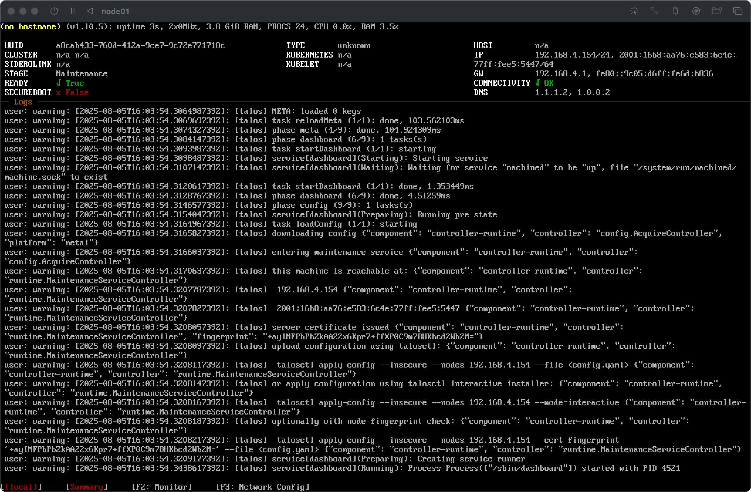 Console screenshot of a Kubernetes node (Talos OS) named node01 showing the system in a Maintenance state. The header shows: UID (a GUID), TYPE (unknown), KUBERNETES (n/a), and STATUS (SINK) is Maintenance. Log messages indicate the node is being brought into and out of maintenance mode, performing operations like talosctl apply-config and downloading/running components. This suggests the node is undergoing a configuration update or part of the cluster creation/join process.