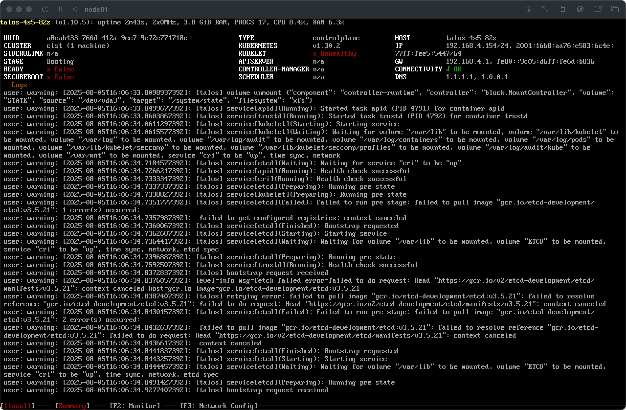 Console screenshot of a Kubernetes node (Talos OS) named node01 showing errors during image pulling. The header status is Booting, and RUNELET is reported as unhealthy. The log shows several repetitive ERROR messages indicating: "failed to pull image 'gcr.io/etcd-development/etcd/etcd.5.21': failed to resolve reference 'gcr.io/etcd-development/etcd/etcd.5.21': context canceled". This suggests a network connectivity issue or a misconfigured container registry, preventing the node from pulling the required etcd image for the control plane.