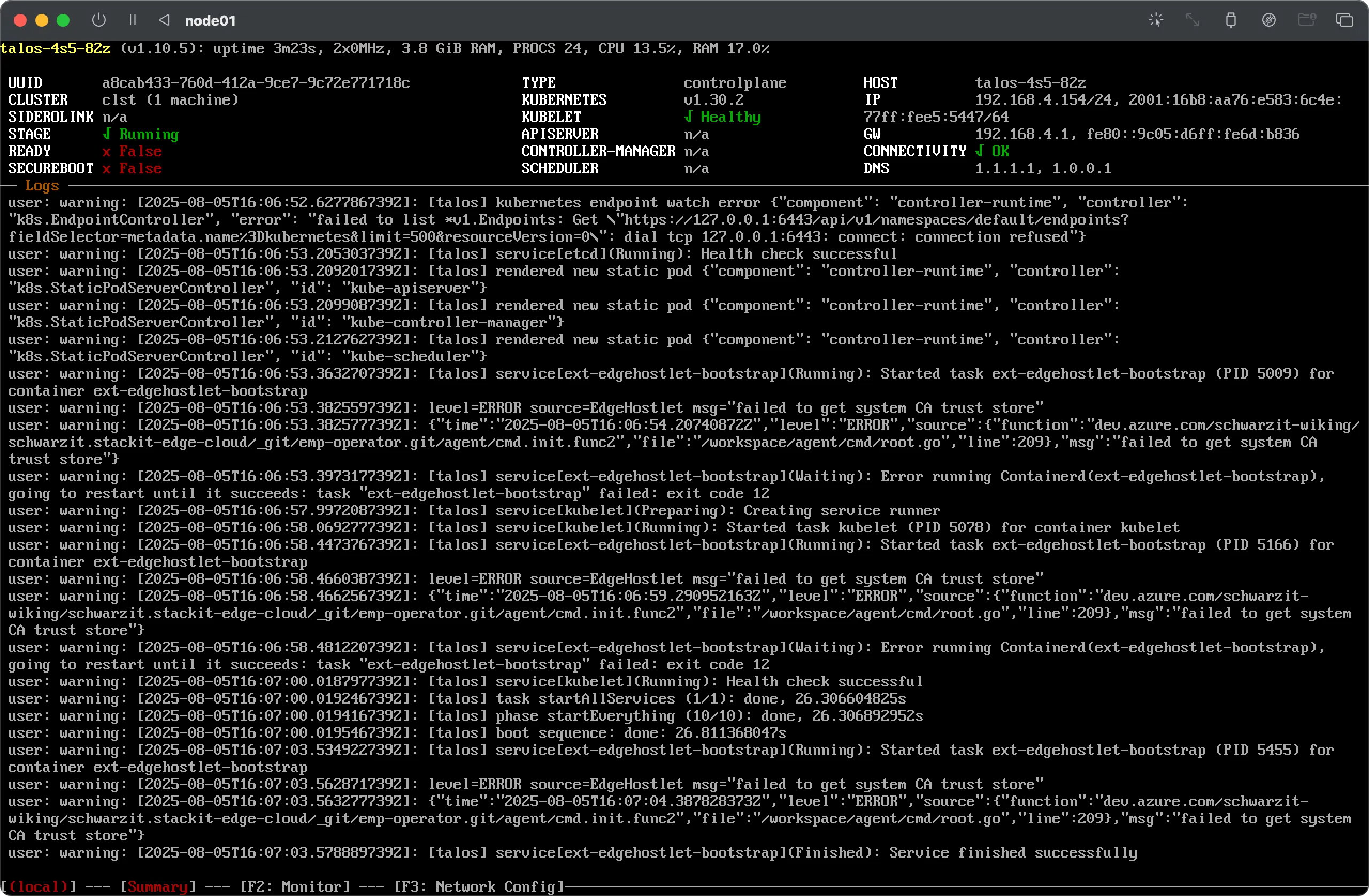 Console screenshot of a Kubernetes node named node01 (using Talos OS), showing initialization and boot logs. The status header shows: UID (a GUID), TYPE (controlplane), KUBERNETES (v1.30.2), and STATUS (SINK, RUNELET, API-SERVER, CONTROLLER-MANAGER, SCHEDULER) are all reported as Healthy or Running. The IP address is 192.168.4.154. The log messages show a series of system startup events, including health checks, rendering of static Pods (like kds-controller-manager), and several WARNING and ERROR messages. The errors specifically mention an issue with the talos-ext-edgehostlet-bootstrap failing with exit code 12 due to an inability to get system CA trust store, which suggests a security or certificate configuration problem during bootstrapping.