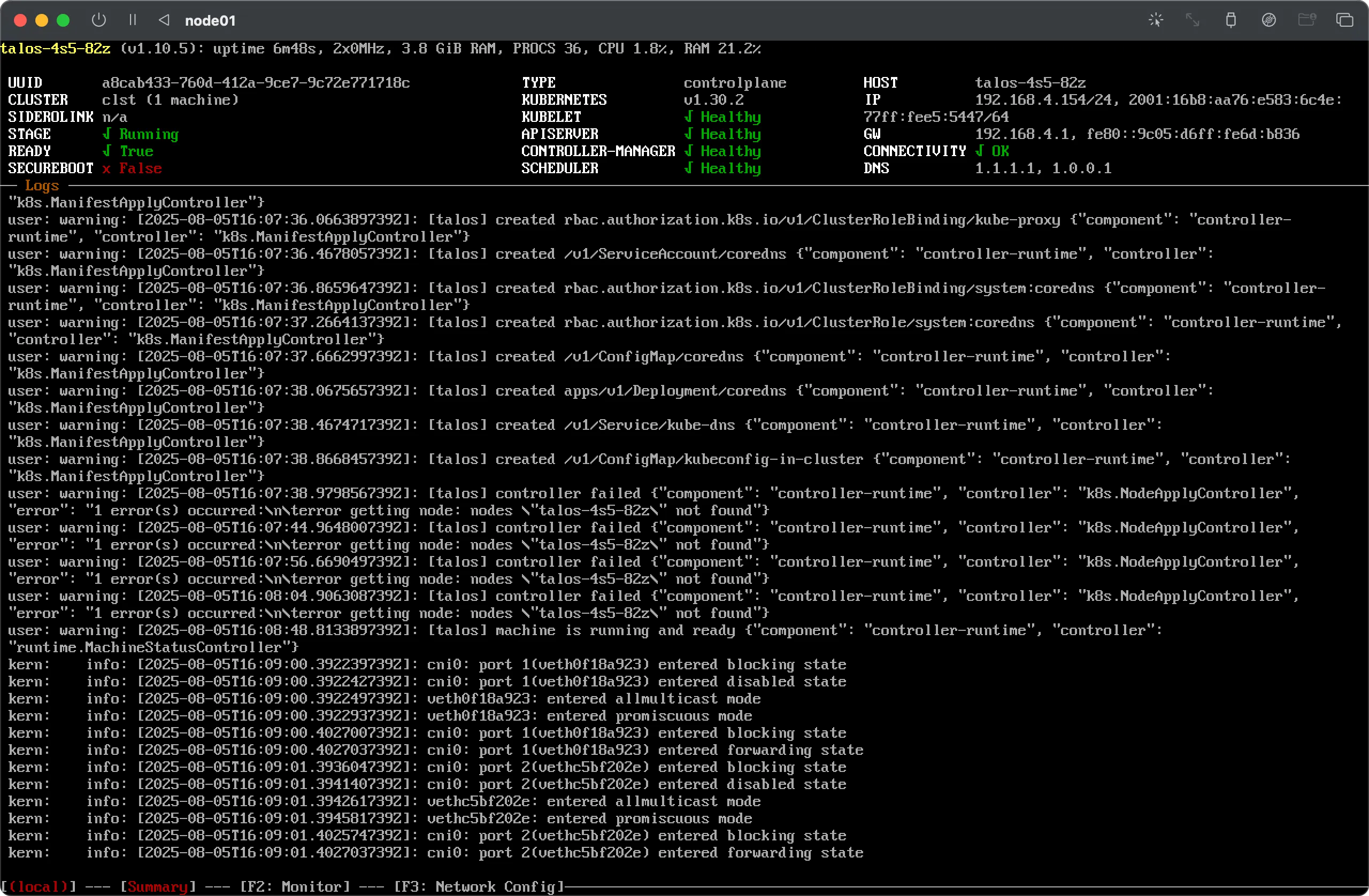 Console screenshot of a Kubernetes node (Talos OS) named node01 in a Running state, with most components (controlplane, kubelet, API-Server, Scheduler) reported as Healthy. The logs contain messages related to Kubernetes RBAC (Role-Based Access Control) setup, creating ClusterRole and ClusterRoleBinding objects. Critically, there are several repeating ERROR messages from the KdsNodeApplyController component stating: "1 error(s) occurred \nerror getting node: nodes "talos-455-82c" not found." This indicates that while the services are running, a controller is failing to locate its own node object within the cluster, suggesting a potential API-server registration or network connectivity issue for that specific node resource.