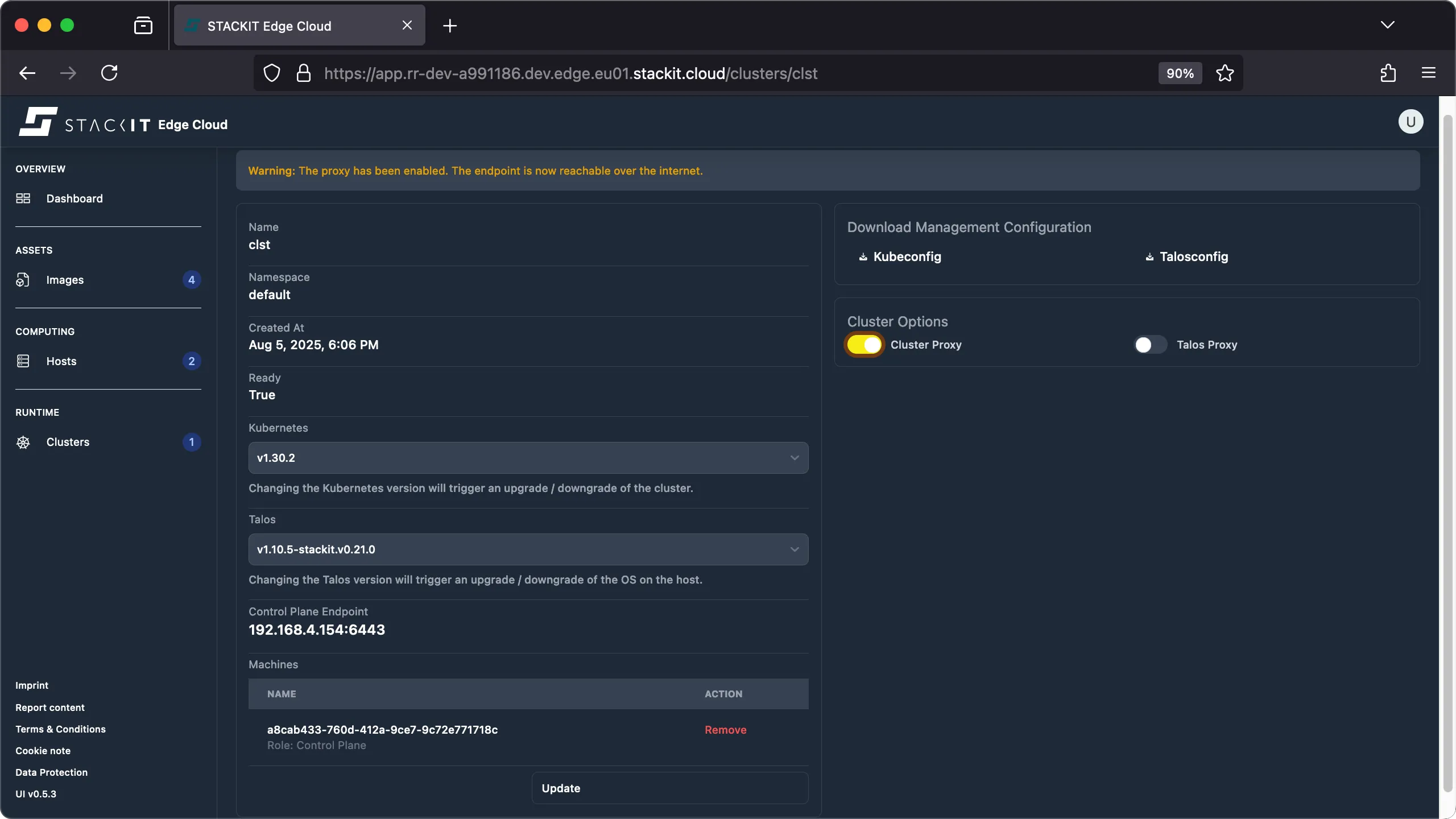 STACKIT Edge Cloud Dashboard: Cluster Details (Proxy Enabled). A screenshot of the STACKIT Edge Cloud web interface, showing the details page for a cluster named clst. A yellow warning banner at the top states: "Warning: The proxy has been enabled. The endpoint is now reachable over the internet." The cluster is in the Ready state, running Kubernetes v1.30.2 and Talos v1.10.5-stackit.v0.21.0. Under Cluster Options, the toggle for Cluster Proxy is enabled (highlighted in yellow), and the Talos Proxy toggle is disabled. This view confirms the successful enabling of the Cluster Proxy feature.