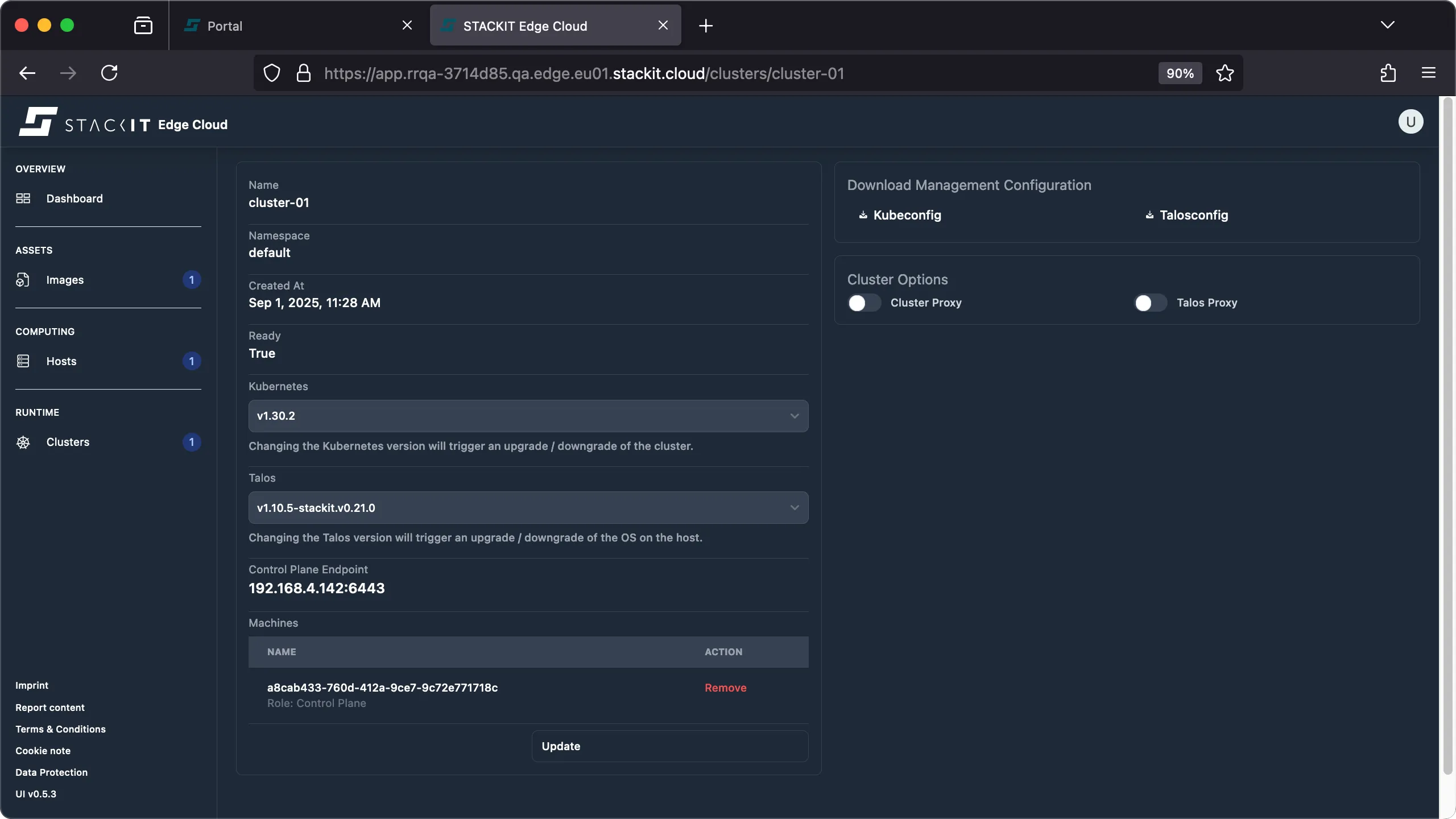 Screenshot of the cluster detail view for cluster-01 in the StackIT Edge Cloud console. This page shows key information: Name is cluster-01, namespace is default, Status is Ready. It displays the Kubernetes version as v1.30.2 and the Talos OS version as v1.10.5-stackit.v0.21.0. The Control Plane Endpoint IP is listed as 192.168.4.142:6443. At the bottom, under Machines, one machine is listed by a long ID (a8cab...71718c) with the Role Control Plane. This machine has a Remove button in the Action column. Below the machine list is an Update button.