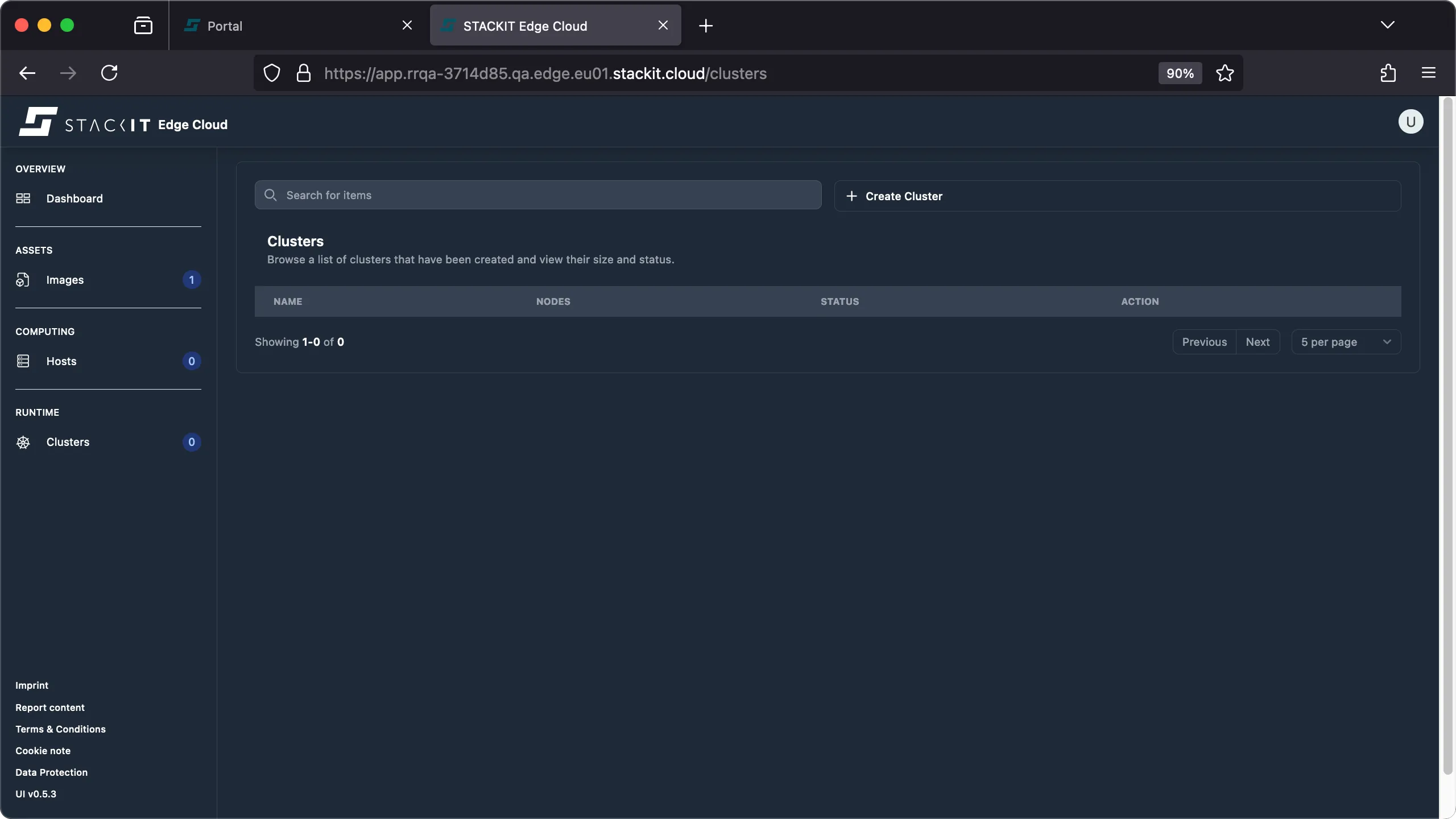 Screenshot of the Clusters overview page after the cluster has been successfully deleted. The table is now empty, showing "Showing 1-0 of 0" results, indicating no clusters are currently deployed in the environment. The side navigation panel shows 0 next to Hosts and Clusters.