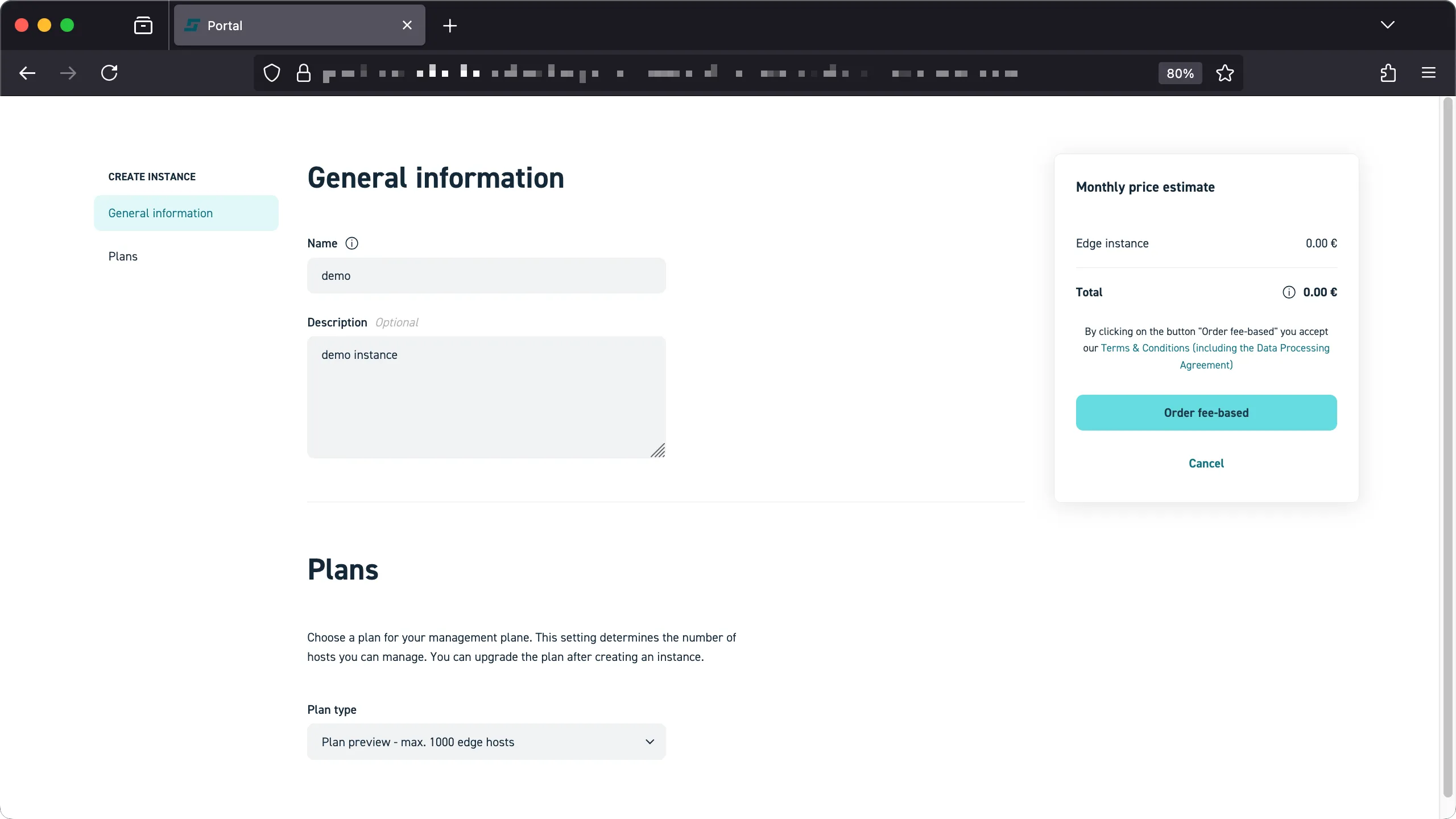 Screenshot of the Create Instance wizard's General Information step. The user is prompted to enter a Name ("demo") and an optional Description ("demo instance") for the new Edge Management Plane instance. Below, under Plans, the Plan type dropdown is set to "Plan preview - max. 1000 edge hosts." A panel on the right shows the Monthly price estimate as "0.00 € Total" and features a button to "Order fee-based" after accepting terms and conditions.