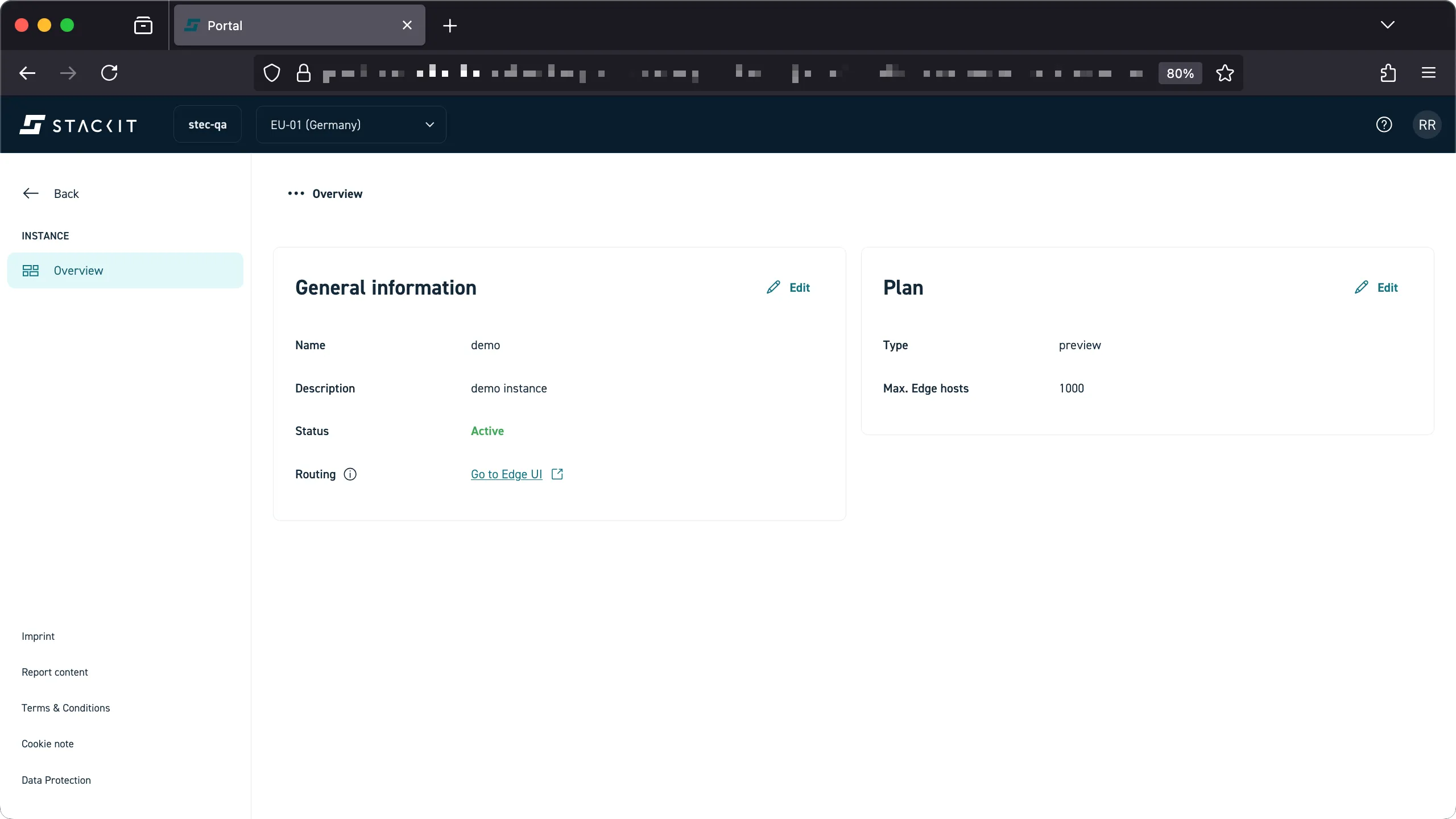Screenshot of the Overview page for the "demo" Edge Cloud instance. The Status is "Active." The layout is split, with General Information on the left and Plan information on the right, both showing current, active details and featuring an 'Edit' option. This image is identical to 2025-10-31_12-47-38.png and 2025-10-31_12-47-33.png in content.