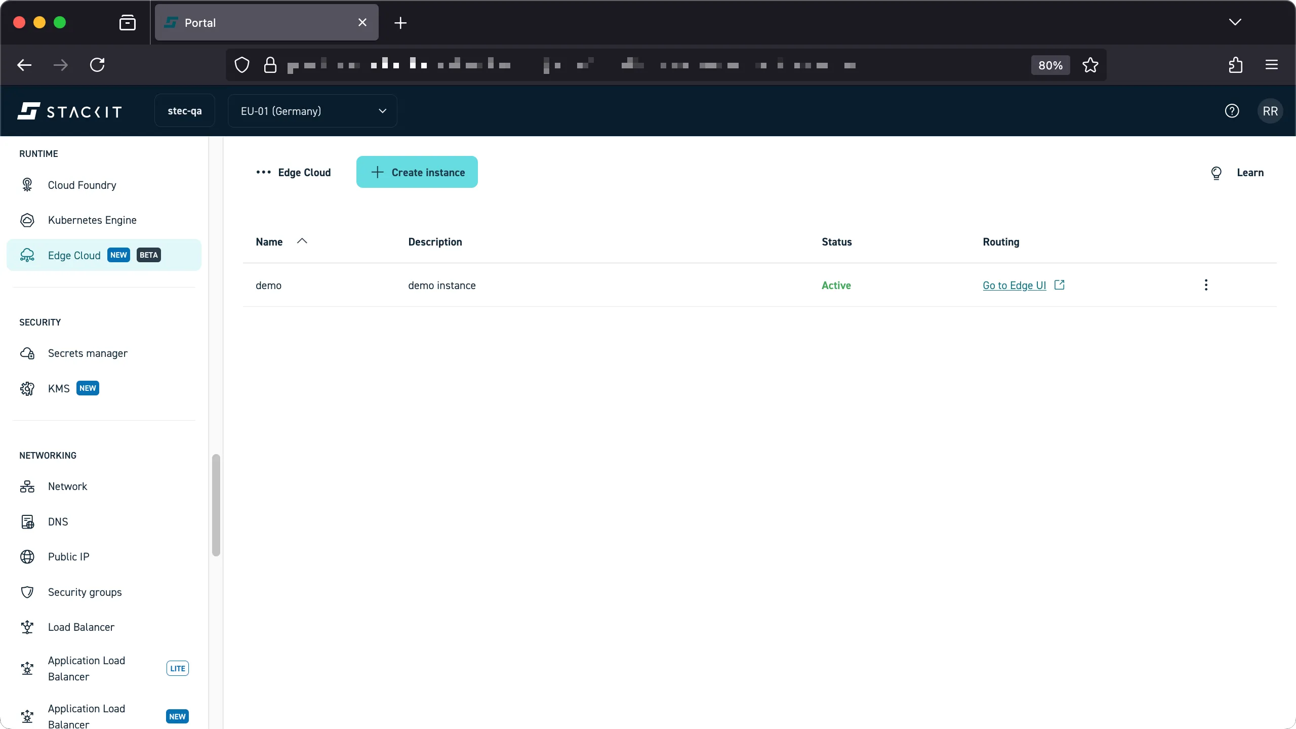 Screenshot of the Edge Cloud instance list. The instance named "demo" with description "demo instance" is listed with the Status as "Active." The image shows the stable state of the provisioned Edge Cloud management plane.