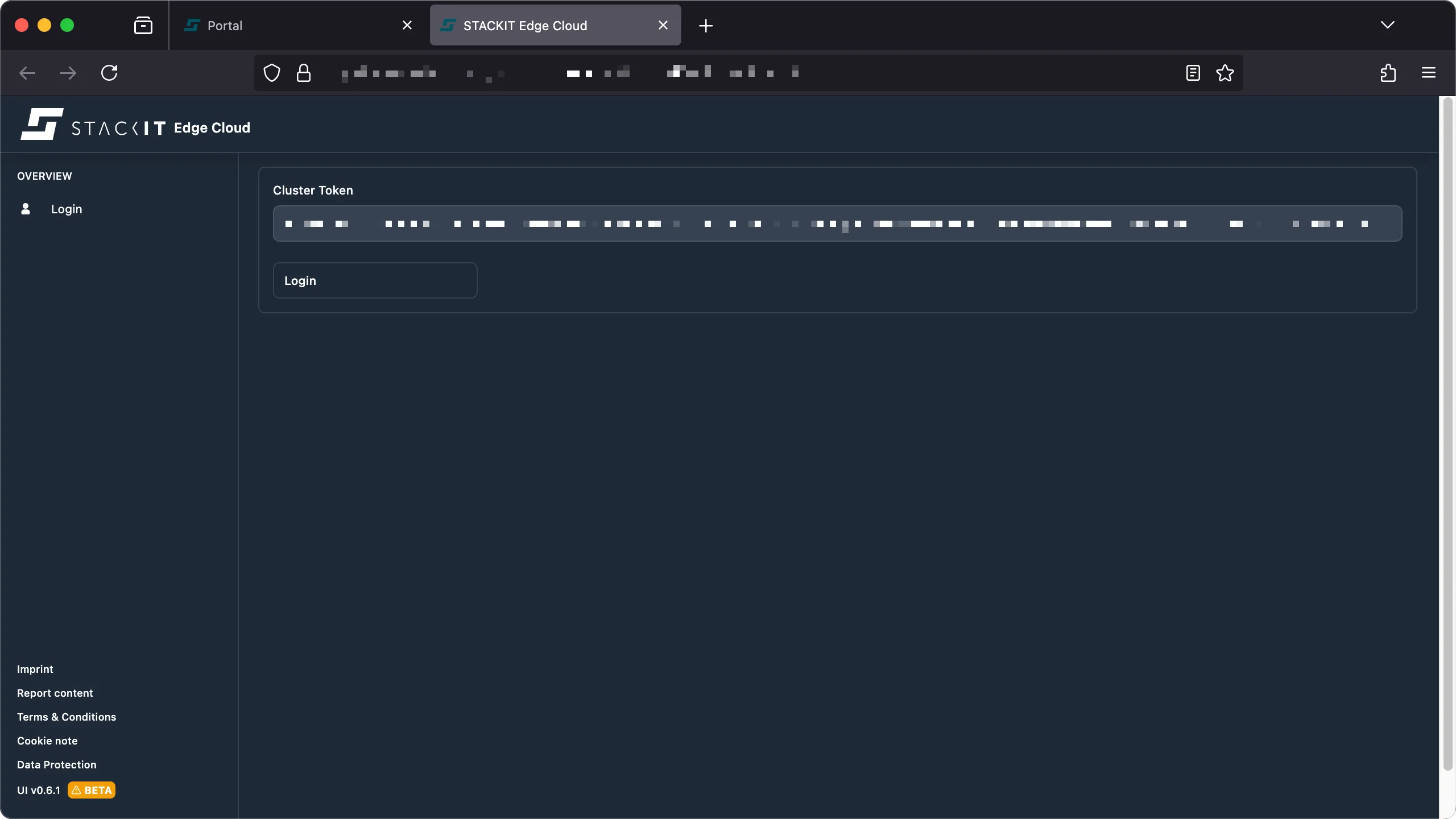 A screenshot of the STACKIT Edge Cloud login screen. The main panel is dark and features the title "Cluster Token". Below the title is a heavily redacted text field containing the generated token, which appears as a long string of dots and dashes, protecting sensitive information. Beneath the token field is a small, unpopulated input field labeled "Login", suggesting the user needs to paste the token and click a login button (though a distinct button isn't immediately visible, the Login field acts as the primary action point). The left sidebar displays an Overview menu with only a Login link visible. The footer shows typical links like Imprint, Report content, Terms & Conditions, and Data Protection, with the UI version labeled v0.6.1 BETA.