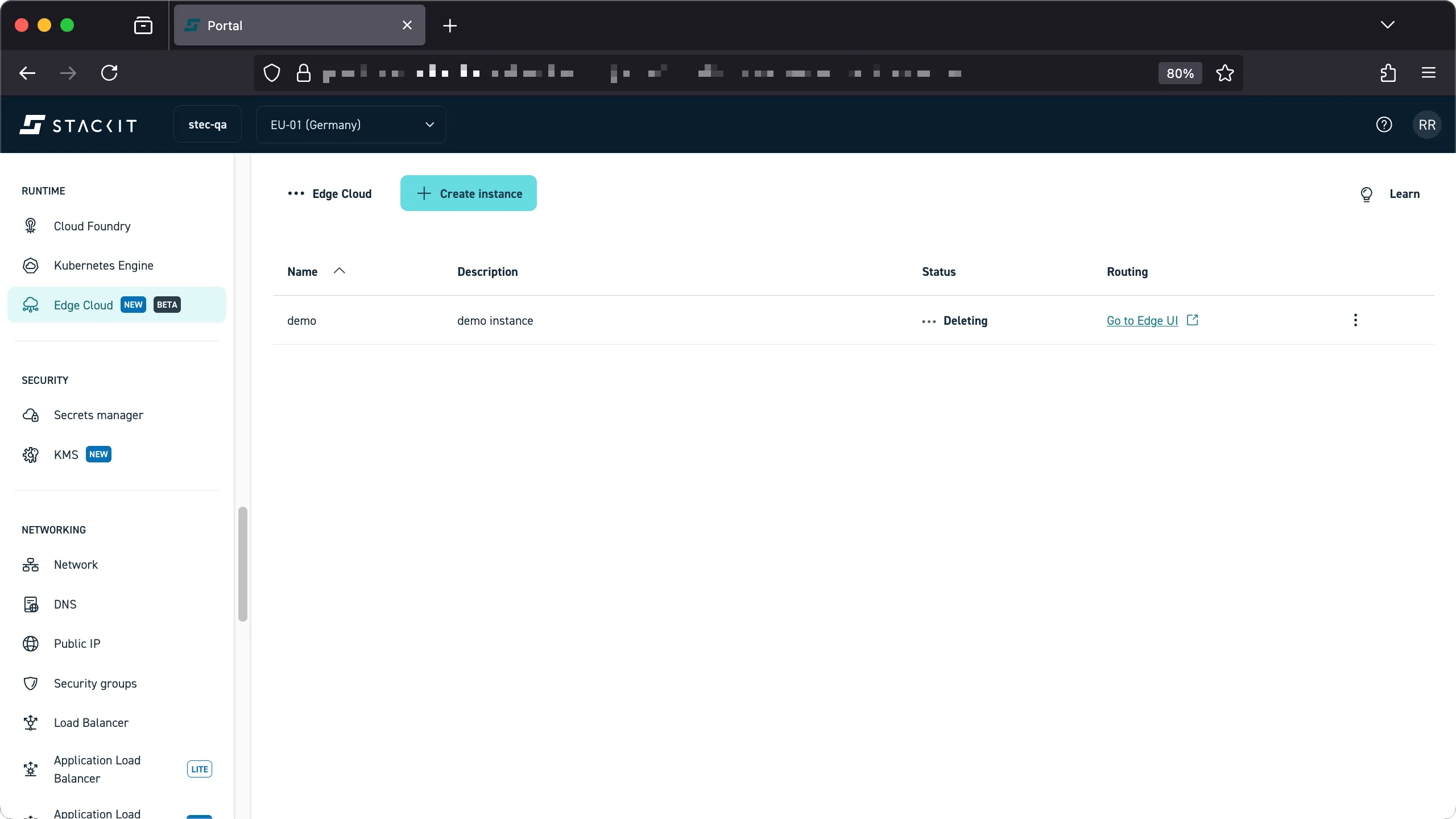 Screenshot of the Edge Cloud instance list. The instance named "demo" with description "demo instance" is visible. The Status column for this instance shows "... Deleting," indicating the instance is in the process of being removed.