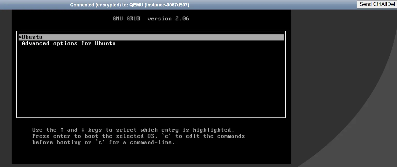 Screenshot of the GNU GRUB version 2.06 boot loader menu. The main options visible are 'Ubuntu' (highlighted) and 'Advanced options for Ubuntu.' At the bottom, text instructs the user: "Use the $\uparrow$ and $\downarrow$ keys to select which entry is highlighted. Press enter to boot the selected OS, 'e' to edit the commands before booting or 'c' for a command-line."