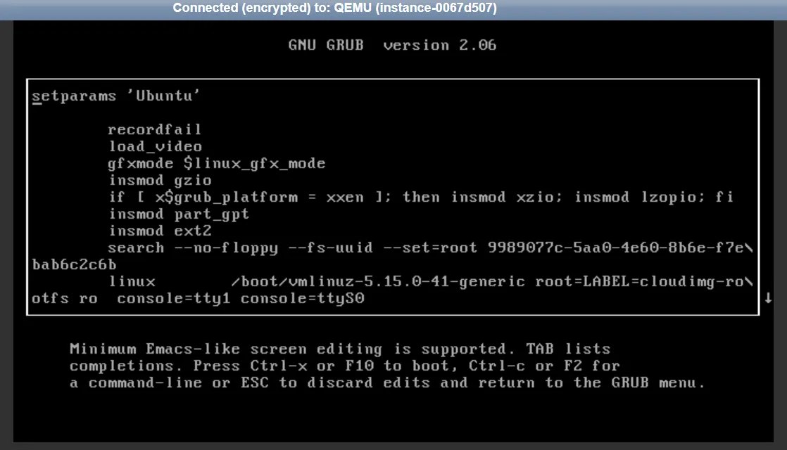 Screenshot of the GNU GRUB version 2.06 boot loader edit screen, showing the boot commands for the Ubuntu entry. The text displays a sequence of commands, including setparams 'Ubuntu', load_video, gfxmode $linux_gfx_mode, insmod ext2, and the linux and initrd lines specifying the kernel path (/boot/vmlinuz-5.15.0-41-generic) and boot parameters. The bottom text explains the editing controls: "Minimum Emacs-like screen editing is supported. TAB lists completions. Press Ctrl-x or F10 to boot, Ctrl-c or F2 for a command-line or ESC to discard edits and return to the GRUB menu."