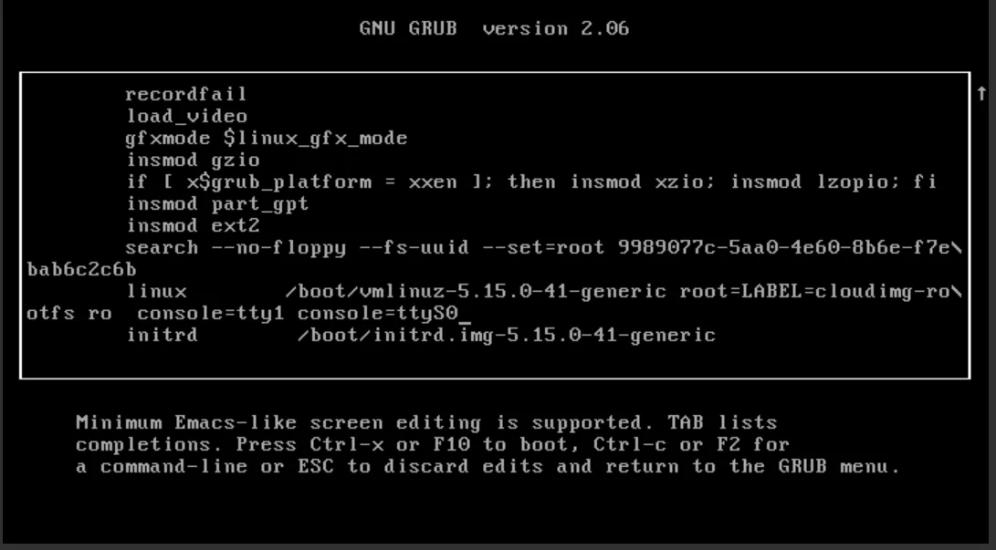 Screenshot of the GNU GRUB version 2.06 boot loader edit screen. It shows the commands for the Ubuntu entry, specifically after an edit to the linux and initrd lines. The command lines are partially visible, showing the kernel path and a modification where the initrd command is now on a separate line below the linux command. This represents an intermediate step in modifying the boot parameters.