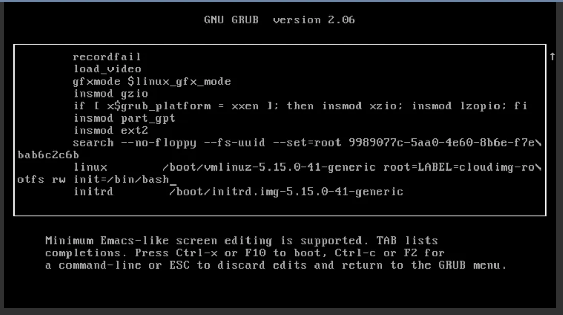 A screenshot of the GNU GRUB version 2.06 bootloader menu, showing the commands used to configure the boot process. The central white box displays lines including: recordfail, load_video, insmod part_gpt, insmod ext2, a long search command, the linux command line loading vmlinuz-5.15.0-41-generic and setting init=/bin/bash, and the initrd command line. This screen is typically used to edit boot parameters for recovery or advanced troubleshooting.
