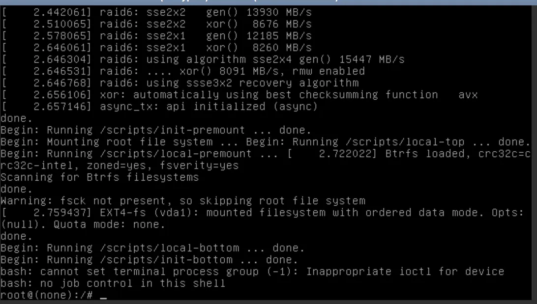 A console screenshot showing part of the Linux boot sequence and recovery shell access. The top lines show kernel messages (RAID/Btrfs operations), followed by status messages like Begin: Running /scripts/init-premount ... done. and warnings like Warning: fsck not present, so skipping root file system. The sequence concludes with a key error message: bash: cannot set terminal process group (-1): Inappropriate ioctl for device in this shell, immediately followed by the root shell prompt: root@(none):/#, indicating the user has been dropped into an emergency or recovery shell.