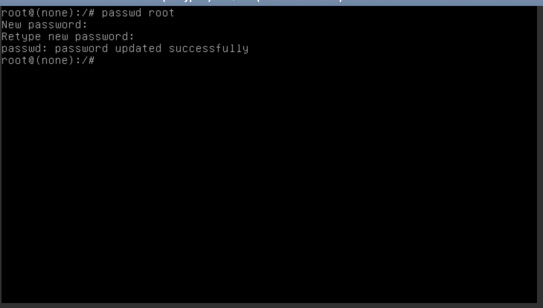 A minimal Linux console screenshot demonstrating a successful root password change. The prompt is root@(none):/#. The command passwd root is entered, followed by prompts for New password: and Retype new password:, and finally the confirmation message: passwd: password updated successfully.