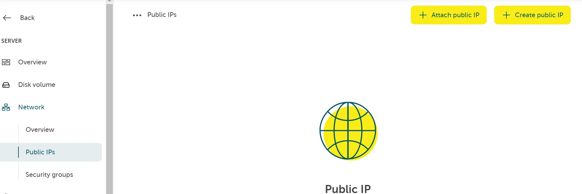 A view of the Public IPs section under the Network category in a sidebar menu. The main content area is centered around a large icon of a globe/world grid and the text "Public IP", indicating that no public IP is currently listed. Two yellow buttons are visible at the top right: Attach public IP and Create public IP.