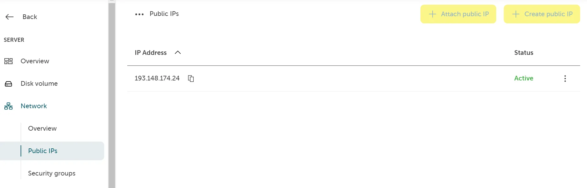 Abschnitt Public IPs mit einer aktiven IP-Adresse (193.148.174.24) und Schaltflächen zum Verwalten weiterer Public IPs.