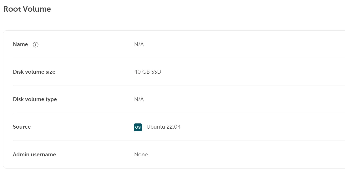 A server detail screen showing the Root Volume section. The details are: Name: N/A, Disk volume size: 40 GB SSD, Disk volume type: N/A, Source: OS icon followed by Ubuntu 22.04, and Admin username: None.