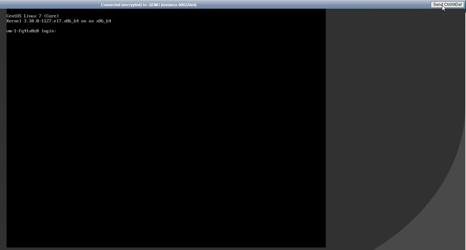 QEMU console connection window for instance-000a306a with encrypted connection status. The window shows a ‘Send CtrlAltDel’ button in the top-right corner for sending the Ctrl+Alt+Delete key combination to the virtual machine.