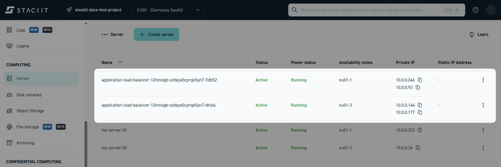 Two load balancer nodes that handle the incoming traffic, as seen under the Server view of the Portal.