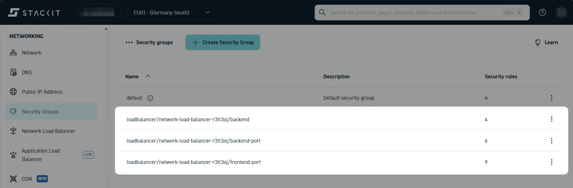 Several security groups associated with the NLB, as seen under the Security Groups view of the Portal.