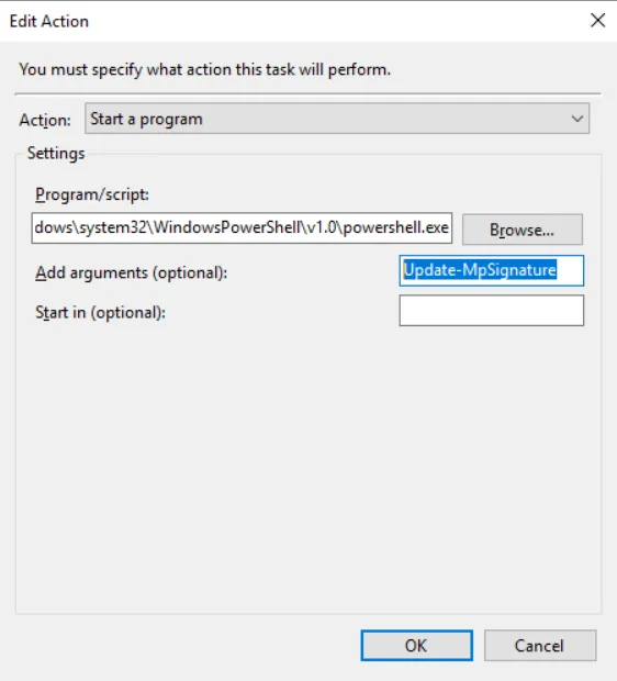 Edit Action dialog box showing the task set to 'Start a program', running 'powershell.exe' with the argument 'Update-MpSignature'.