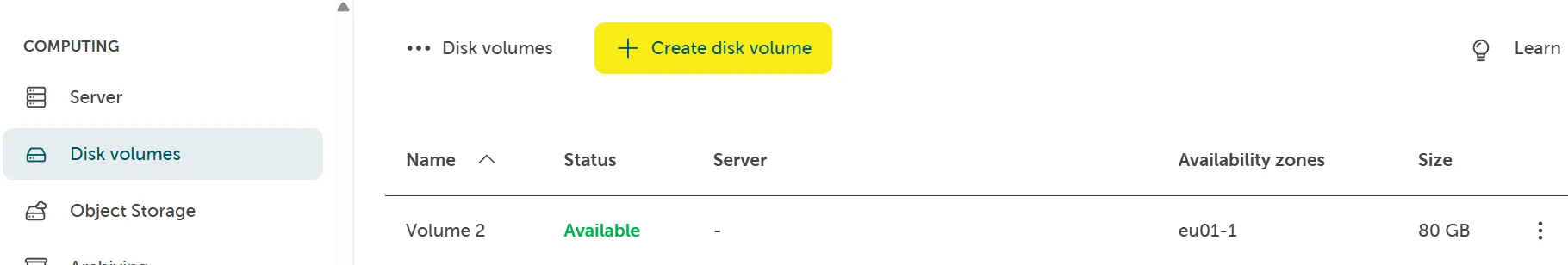A screenshot showing navigating to Volumes on the left and then clicking on add volume on the upper right