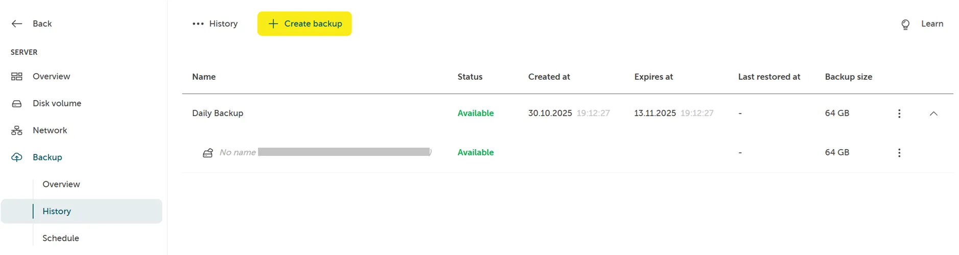 A screenshot showing the backup history