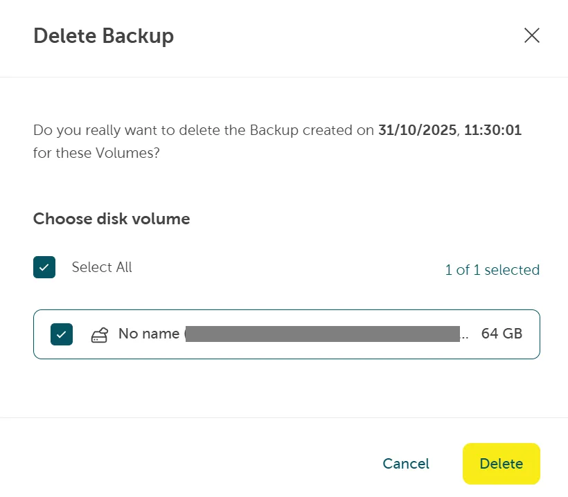 A screenshot showing choosing the volume, and then clicking on delete