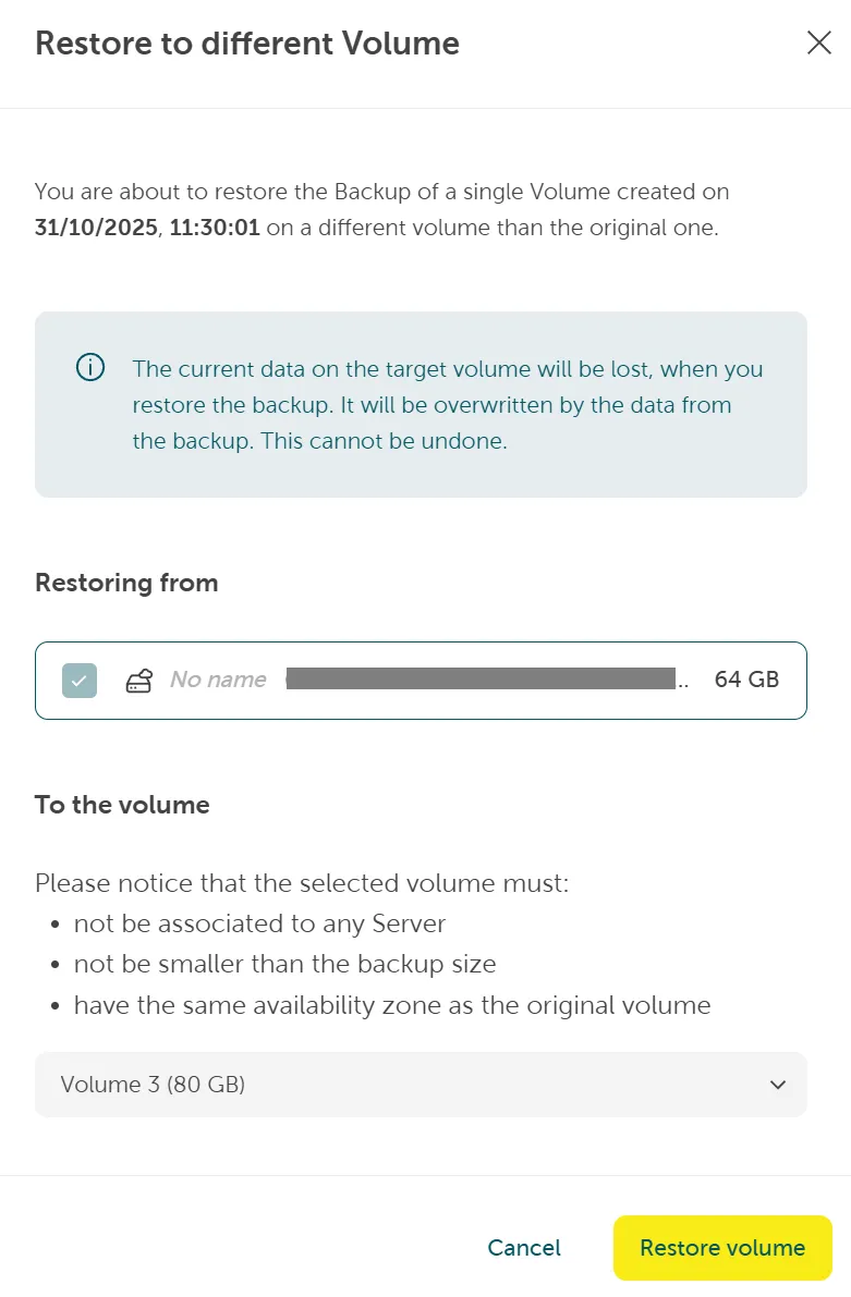 A screenshot showing choosing the newly created volume and confirmimg