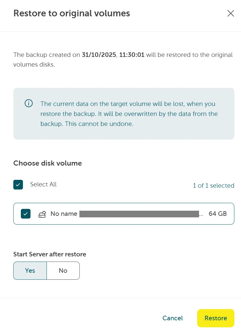 A screenshot showing the confirmation of the restore