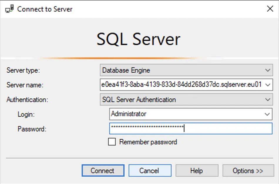 New connection pane of SQL Server Management Studio