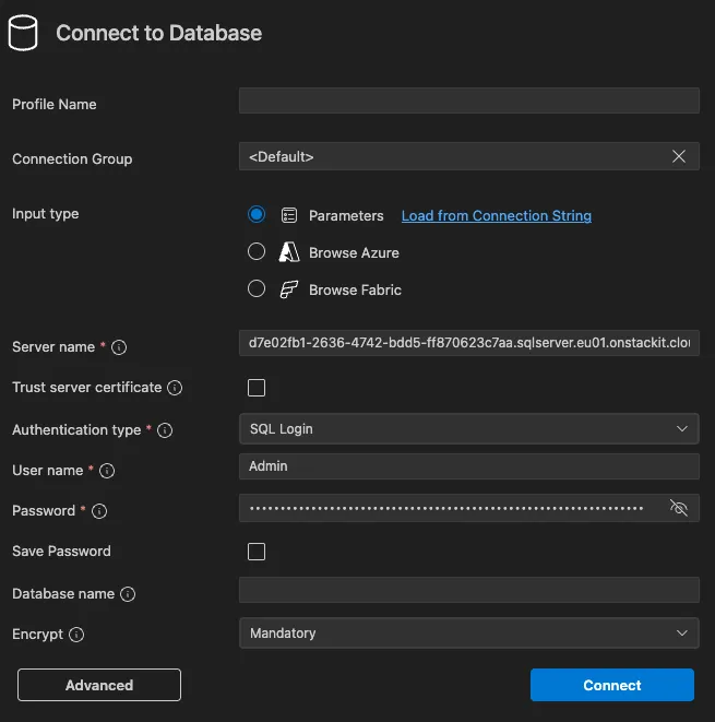 New connection pane of Azure Data Studio