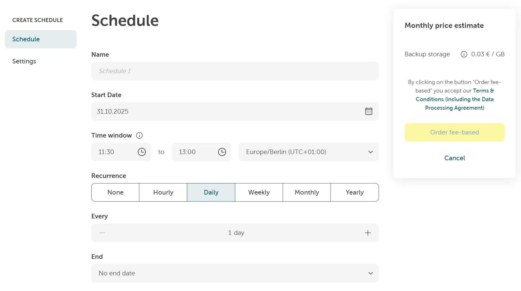 A screenshot showing the create schedule page