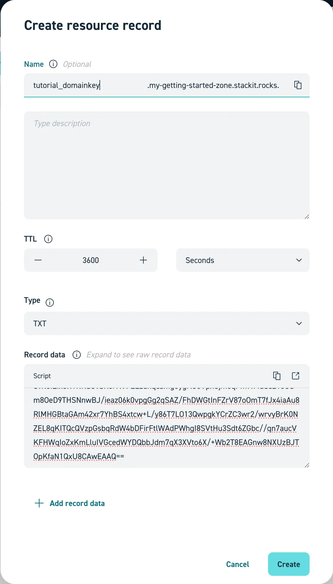 Screenshot vom Hinzufügen eines langen TXT-Records