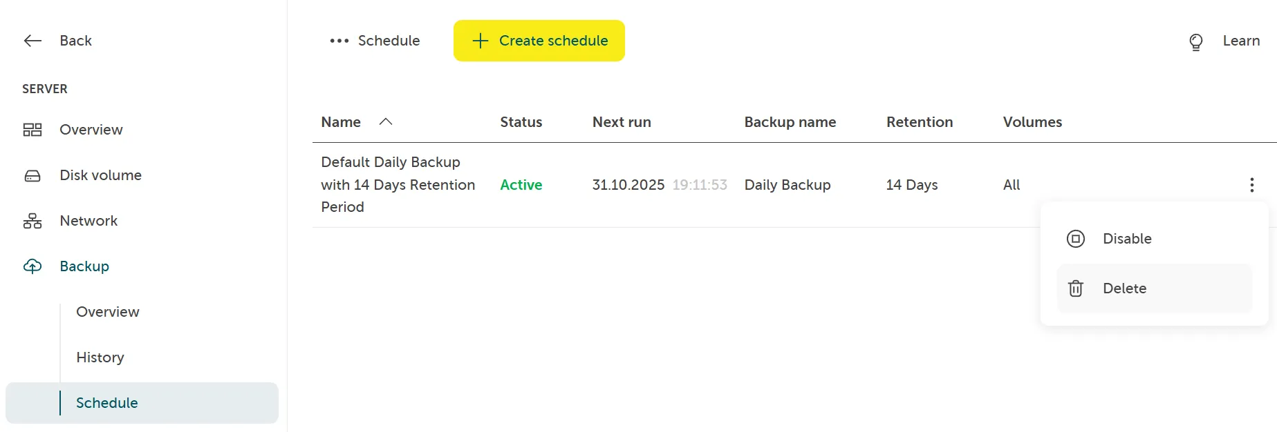 A screenshot showing the backup schedule page and clicking the context menu on a schedule to click delete