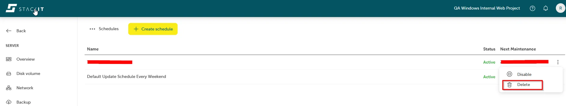 Screenshot: Kontextmenü eines Update-Zeitplans mit Klick auf „Löschen".