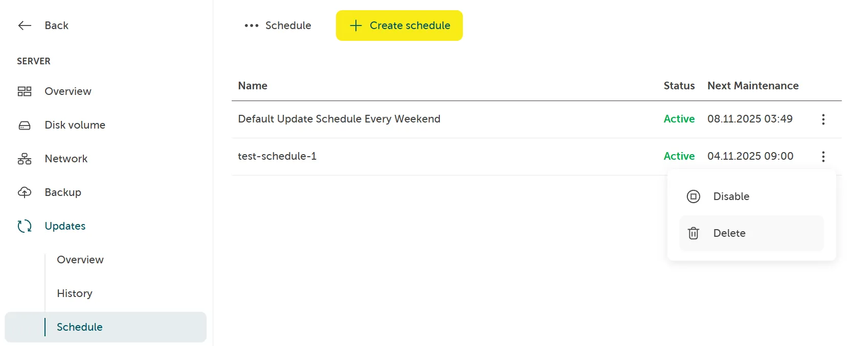 A screenshot showing navigating to servers, and then schedules, selecting schedule via context menu and then clicking disable